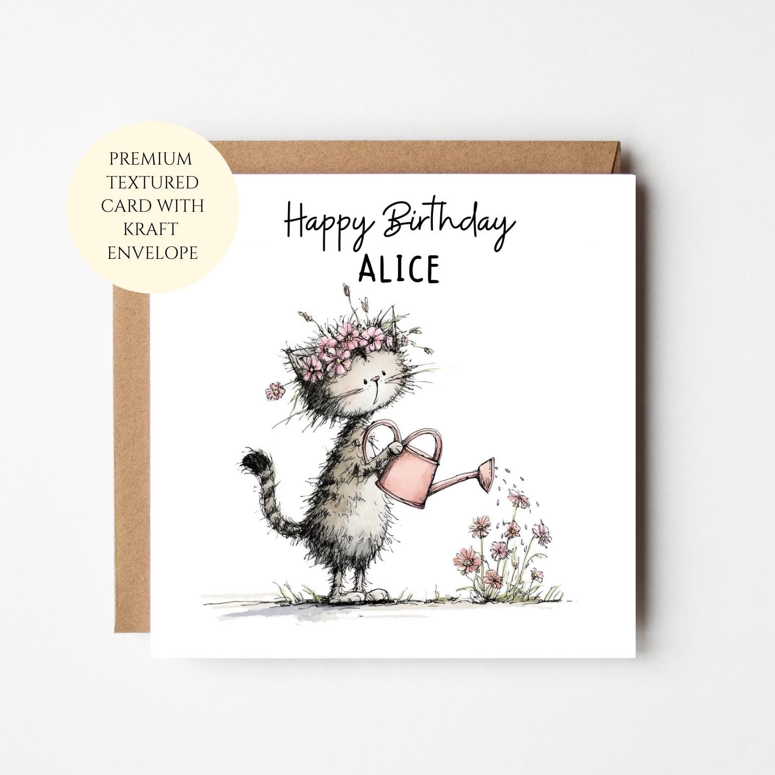 Personalised Birthday Card for Her: Cat Watering Flowers