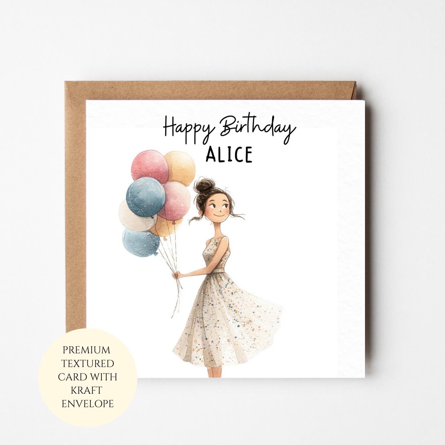 Personalised Birthday Card, Girl Holding Balloons