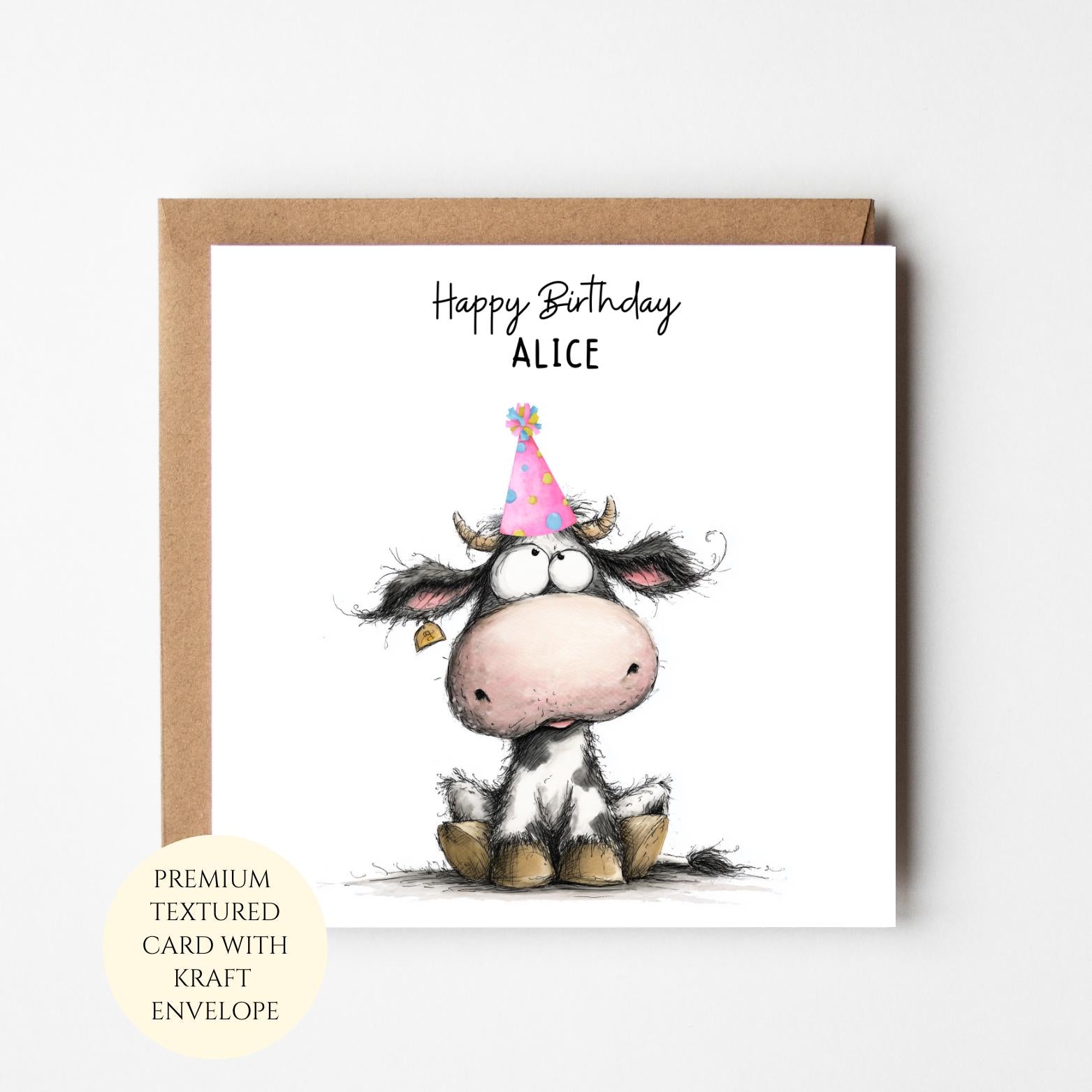 Personalised Birthday Card: Cow Illustration, Textured Cardstock (Alice)