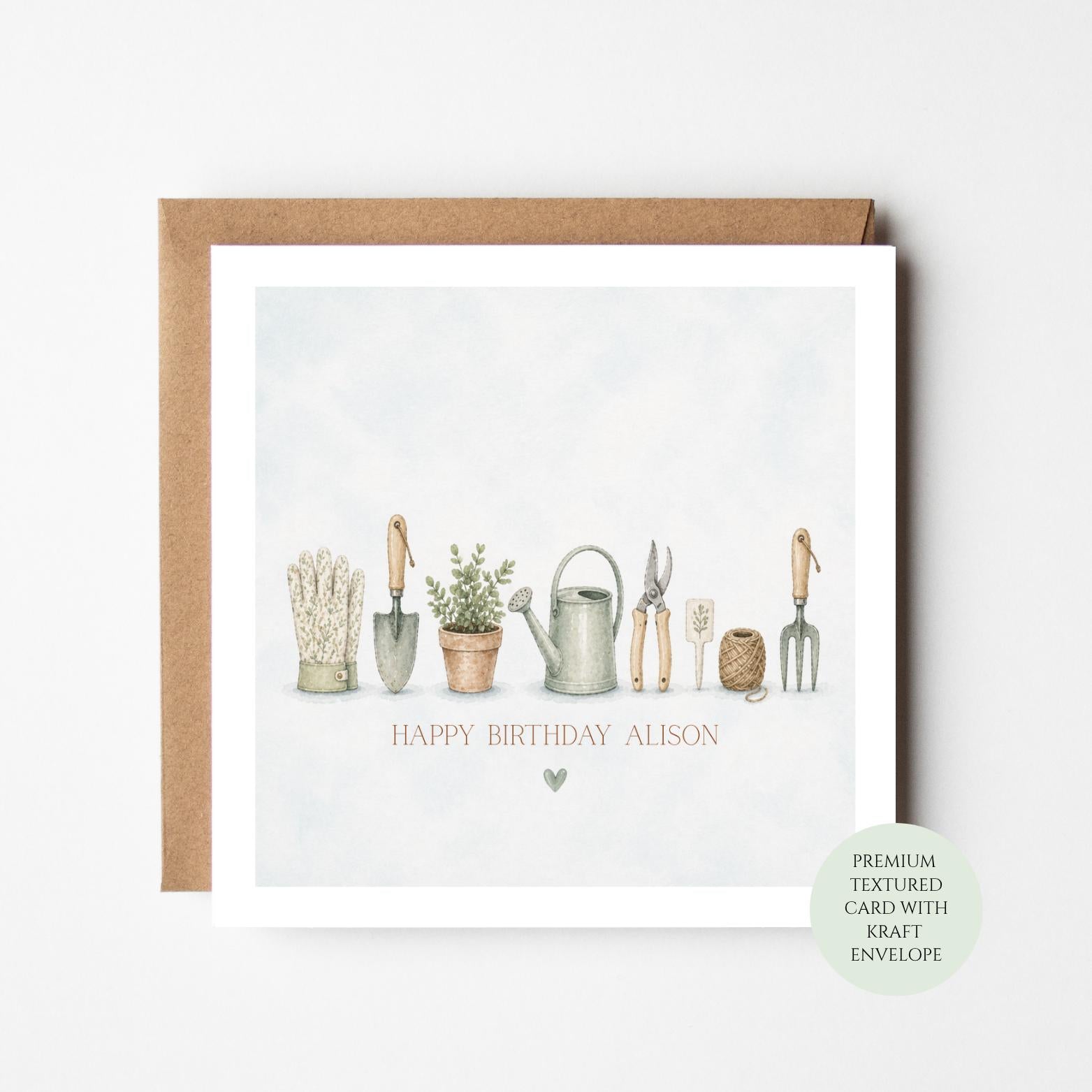 Personalised Gardening Birthday Card, Plant and Tools Design for Her
