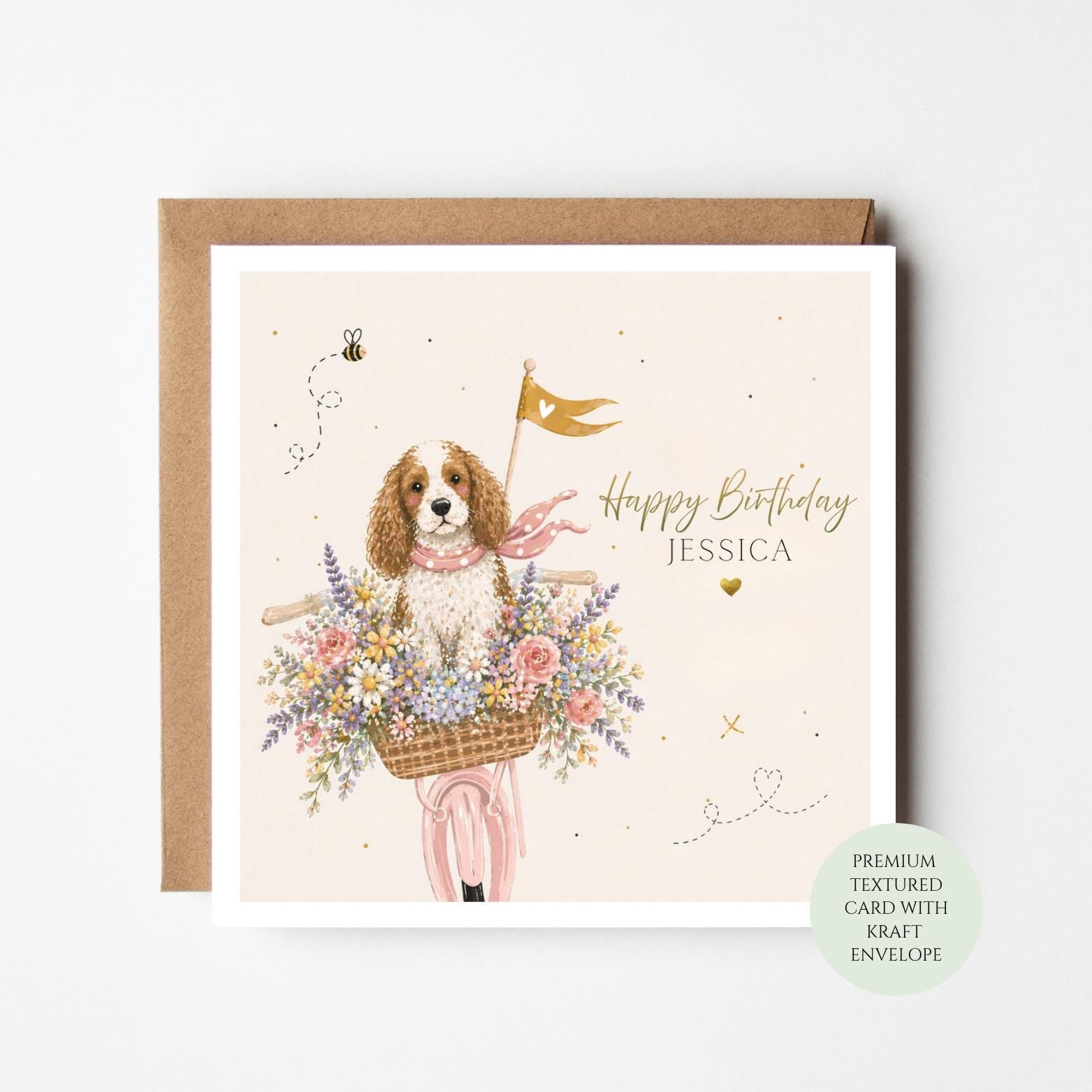 Personalised Spaniel Birthday Card, Dog Bicycle Floral Greeting, Dog Lover Gift