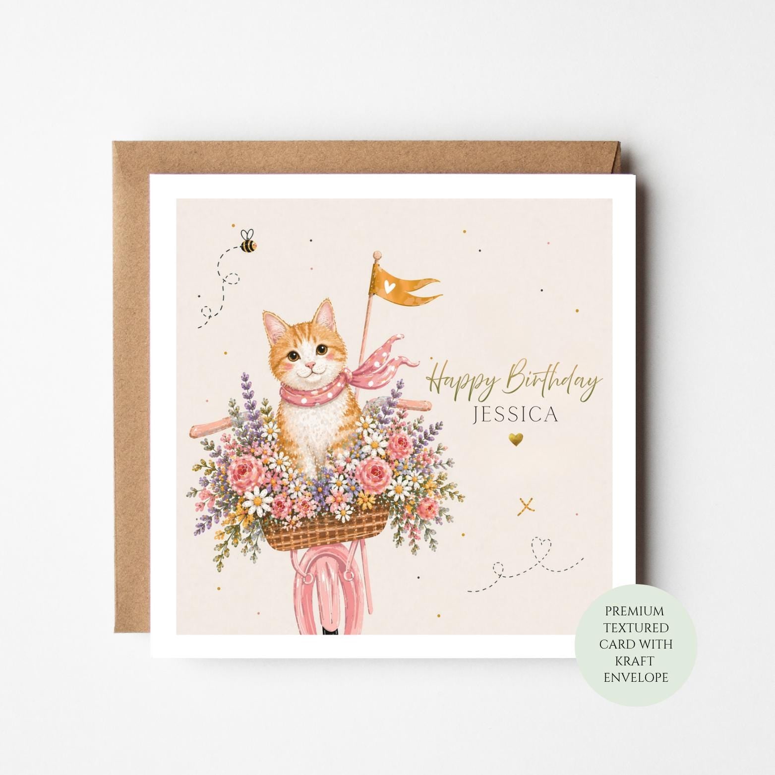 Personalised Ginger Cat Birthday Card, Cat Bicycle Floral Illustration For Her
