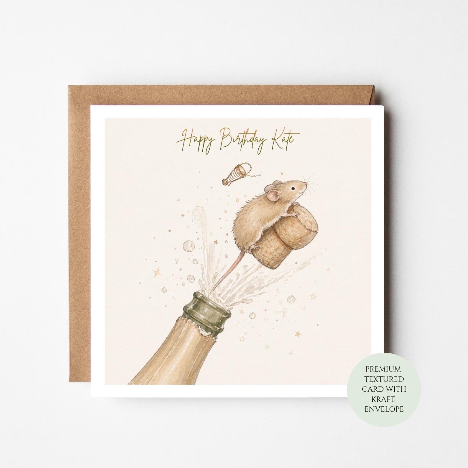 Personalised Mouse Champagne Birthday Card, Prosecco Celebration Card For Her, Cork Pop Illustration