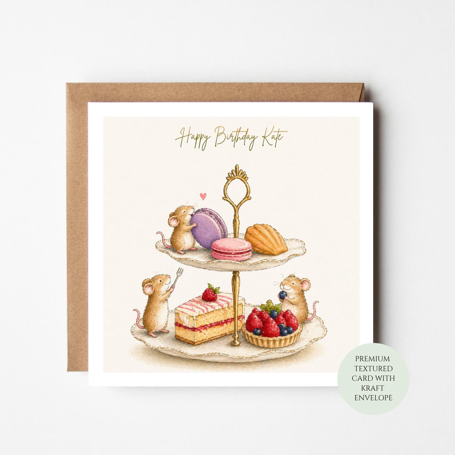 Personalised Mouse Afternoon Tea Birthday Card, Whimsical Cake Macaron Stationery