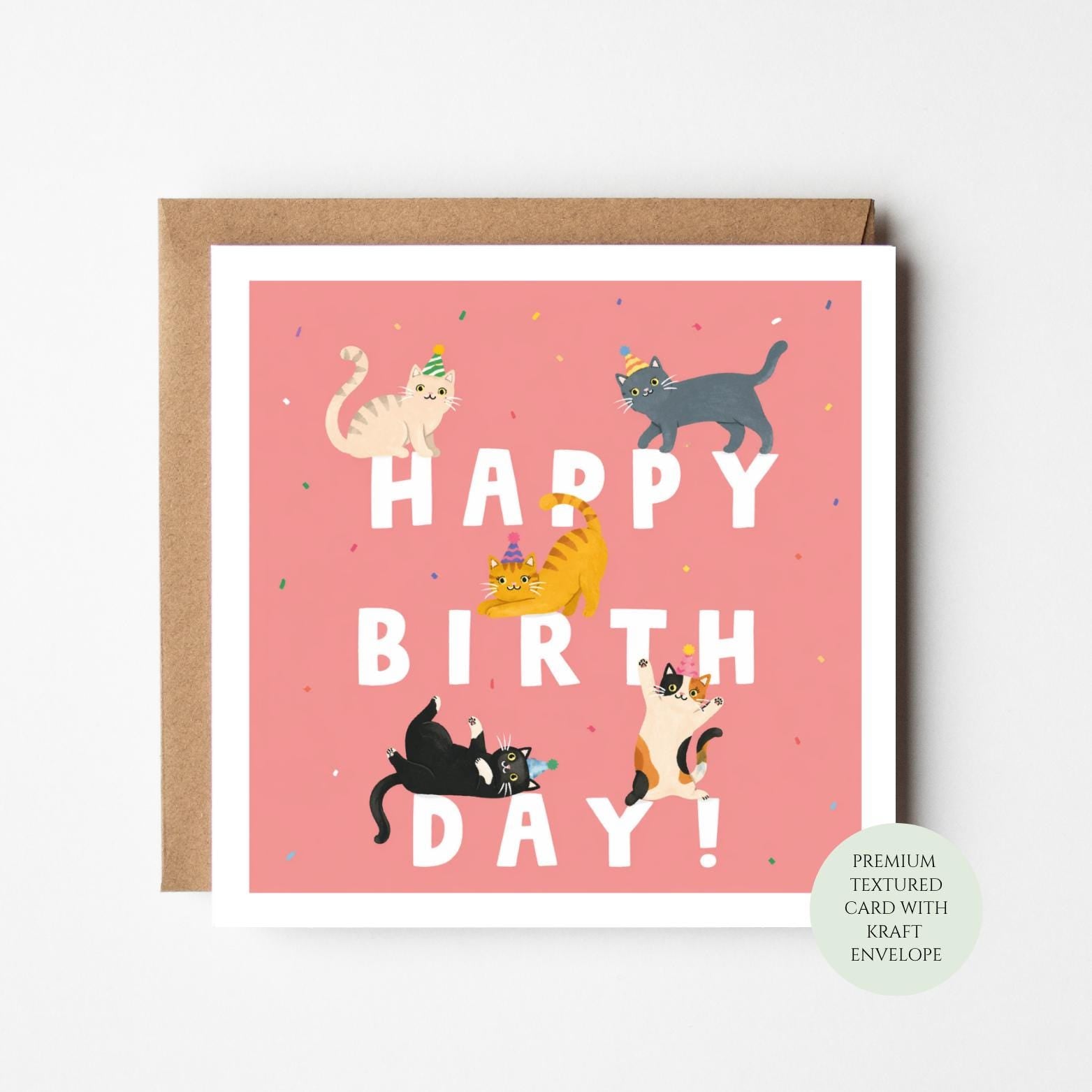 Funny Cat Birthday Card, Whimsical Kitten Art, Cat Lover Greeting (Includes Kraft Envelope)