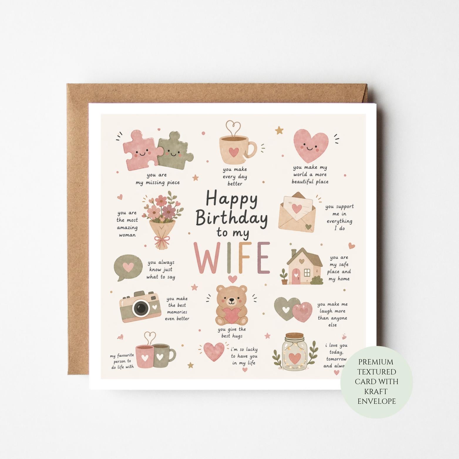 Romantic Happy Birthday Card for Wife, Loving Sentiments, Textured Card