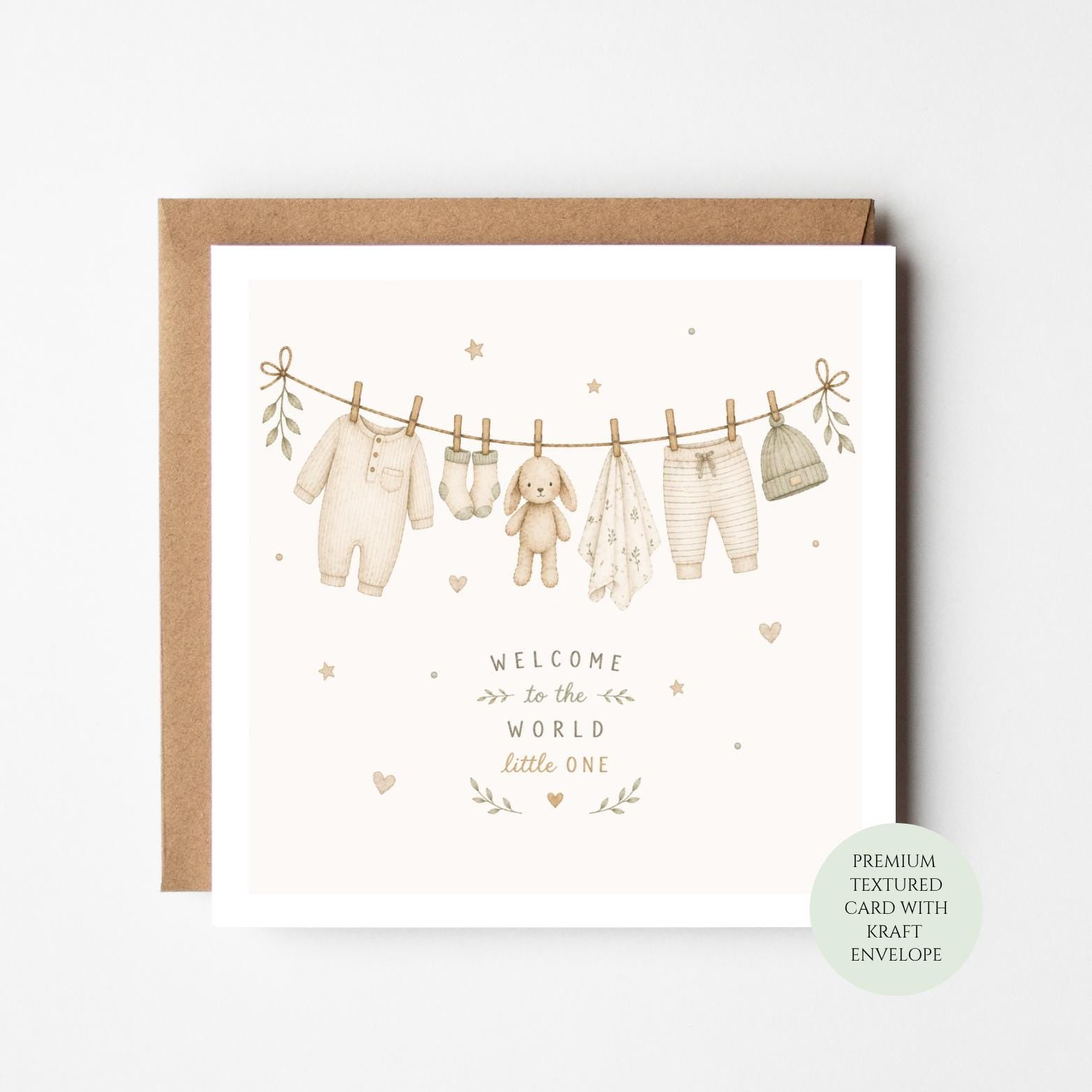 Welcome Little One Card, Bunny Baby Clothes, Neutral Baby Shower Greeting