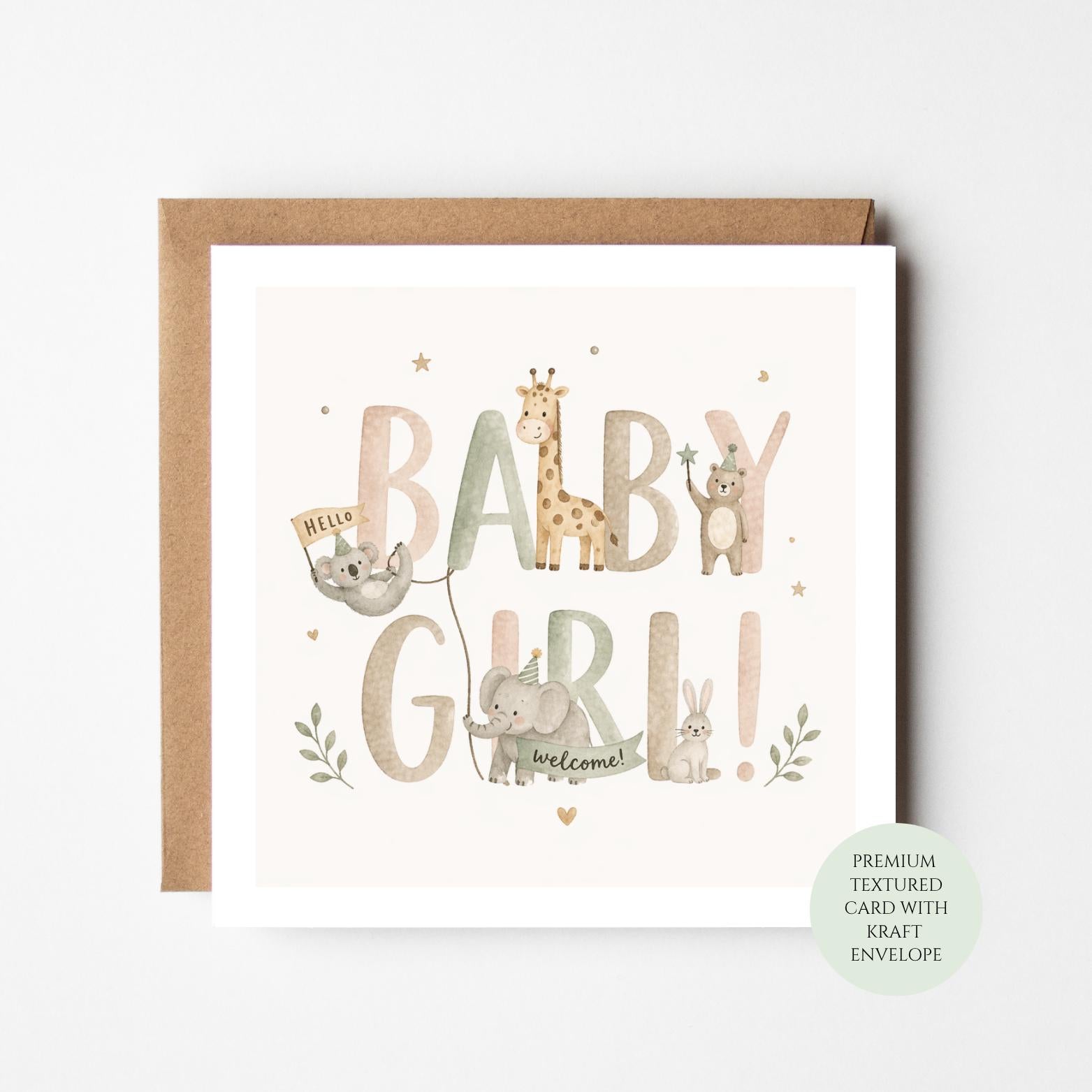 Baby Girl Card, Newborn Welcome Shower Greeting, Animal Illustration