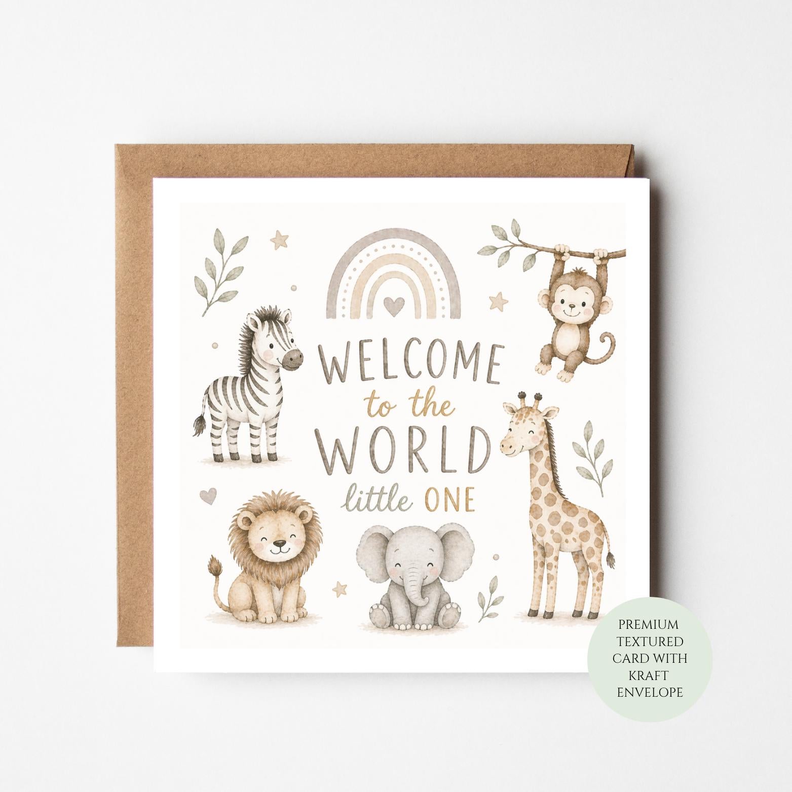 Safari Baby Animals Welcome Card, Neutral Newborn Shower Greeting, Little One Card