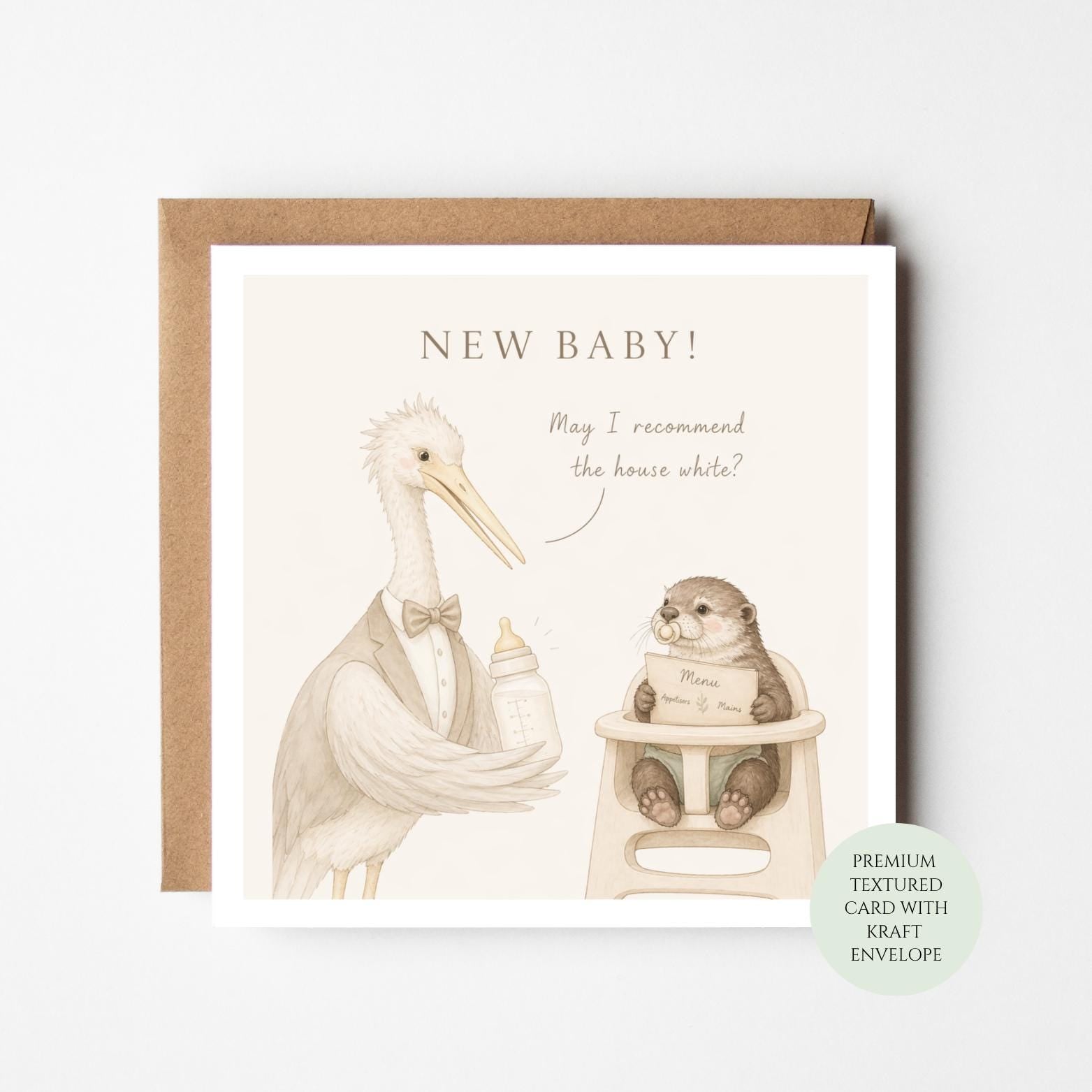 Funny New Baby Card, Whimsical Otter and Stork Illustration, New Parents Greeting