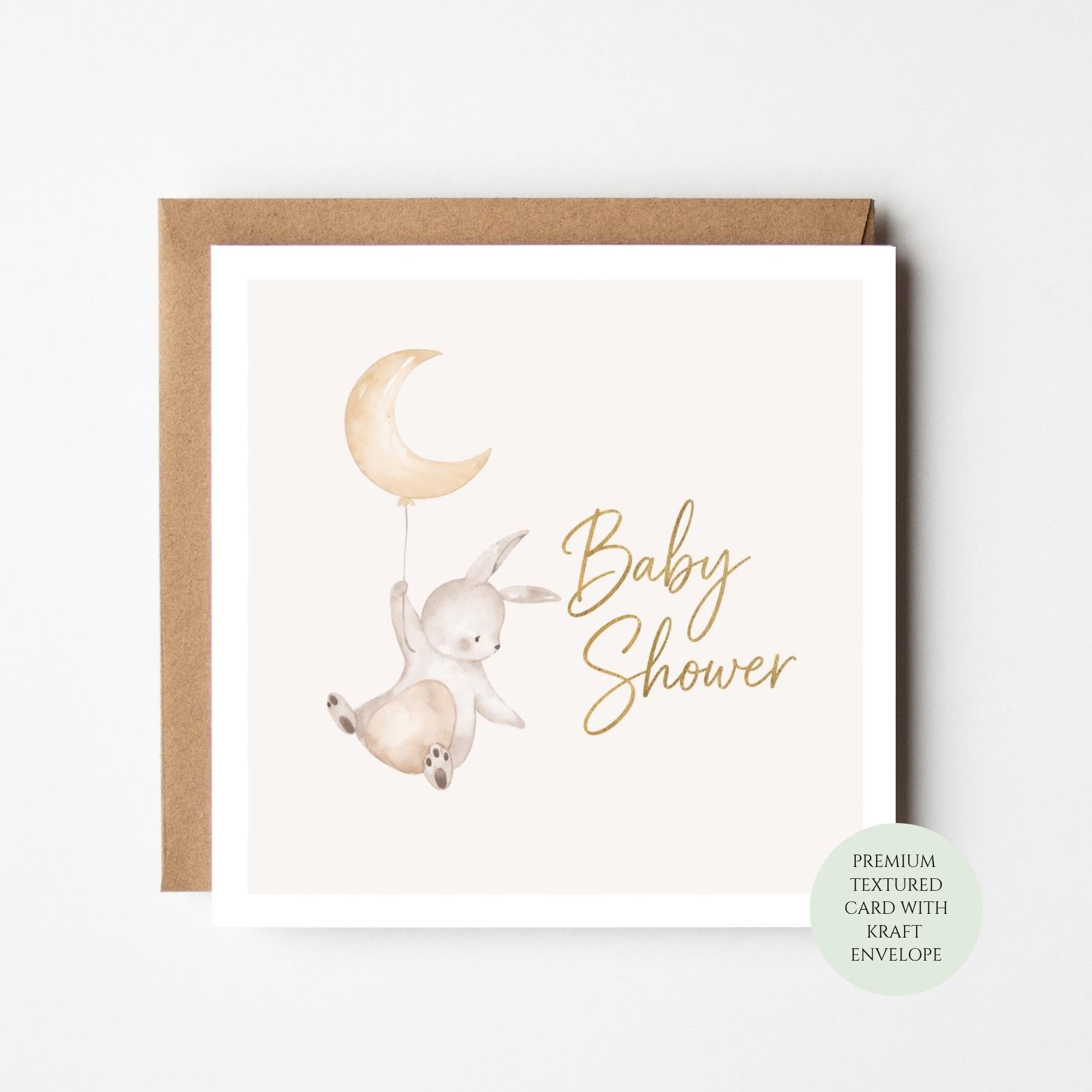 Bunny Shower Card, Moon Balloon Congratulations Greeting, New Baby Gift, Textured Card