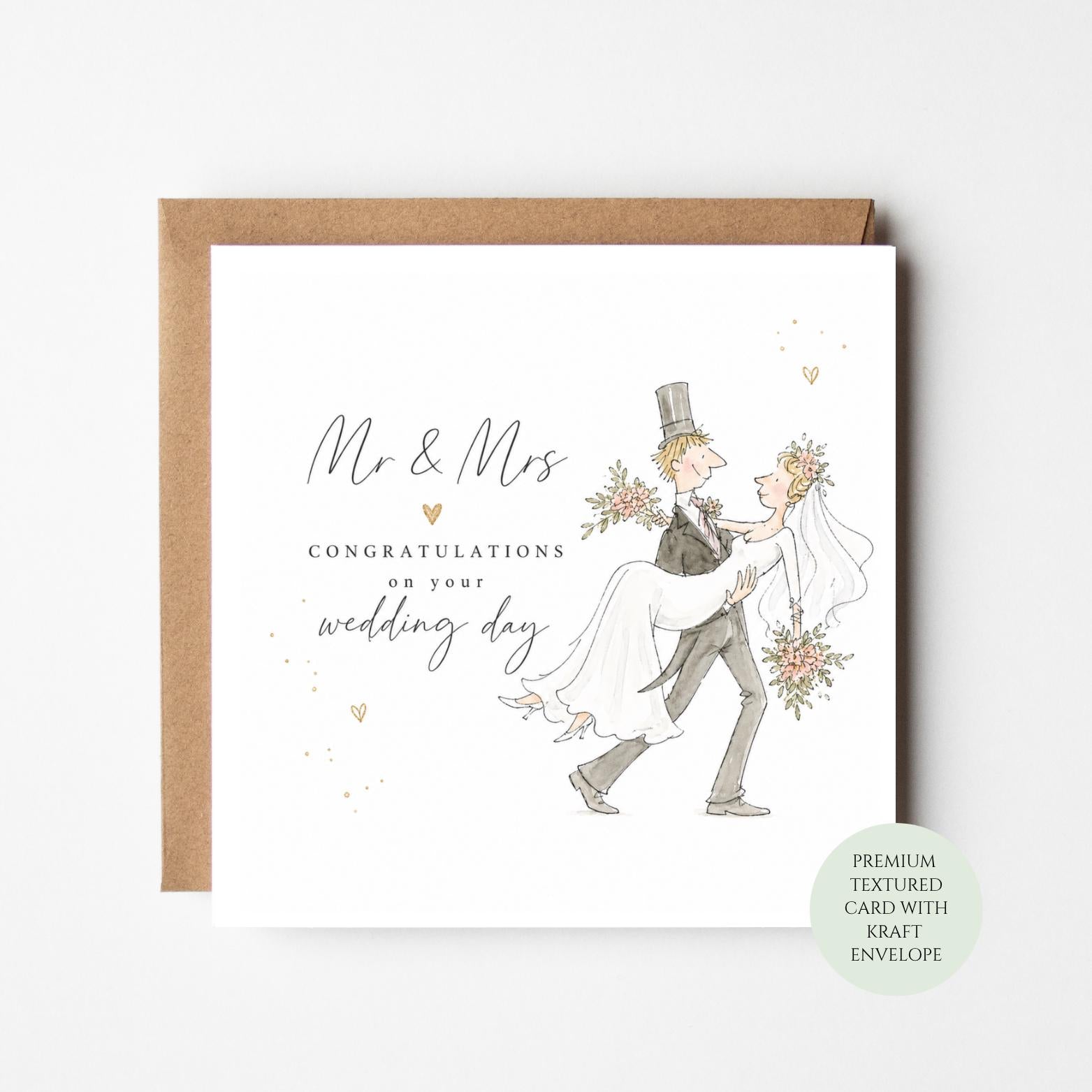 Mr and Mrs Wedding Day Card, Newlywed Congratulations, Textured Card (Kraft Envelope)