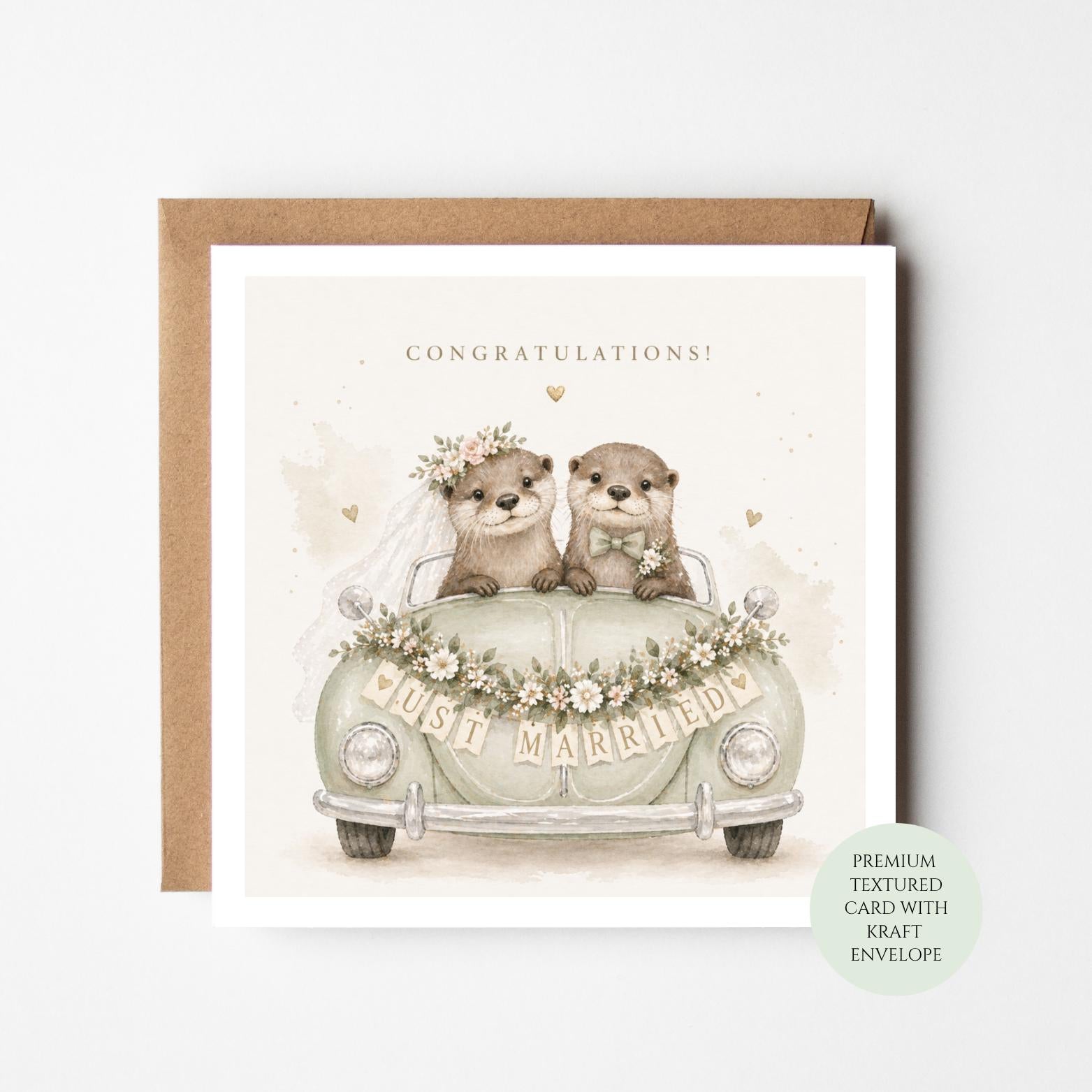Otter Wedding Card, Just Married Couple Congratulations, Bride Groom Illustration