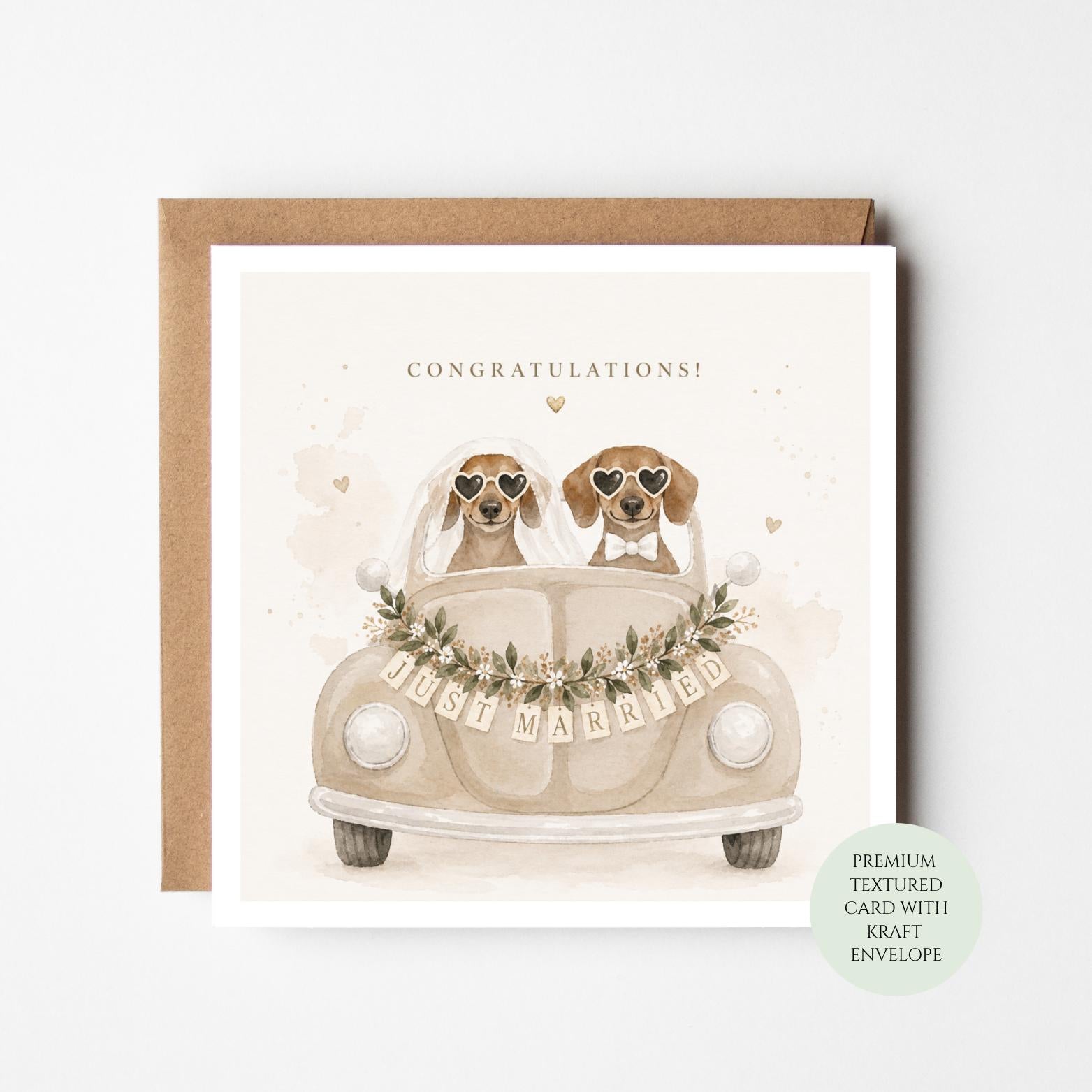 Dachshund Bride Groom Wedding Card, Just Married Dog Congratulations Newlywed Greeting