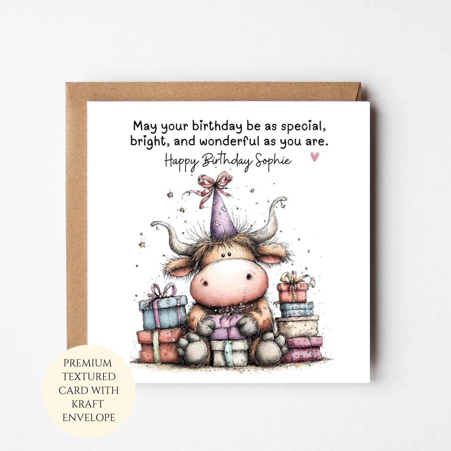 Personalised Highland Cow Birthday Card For Her, Farm Animal Greeting