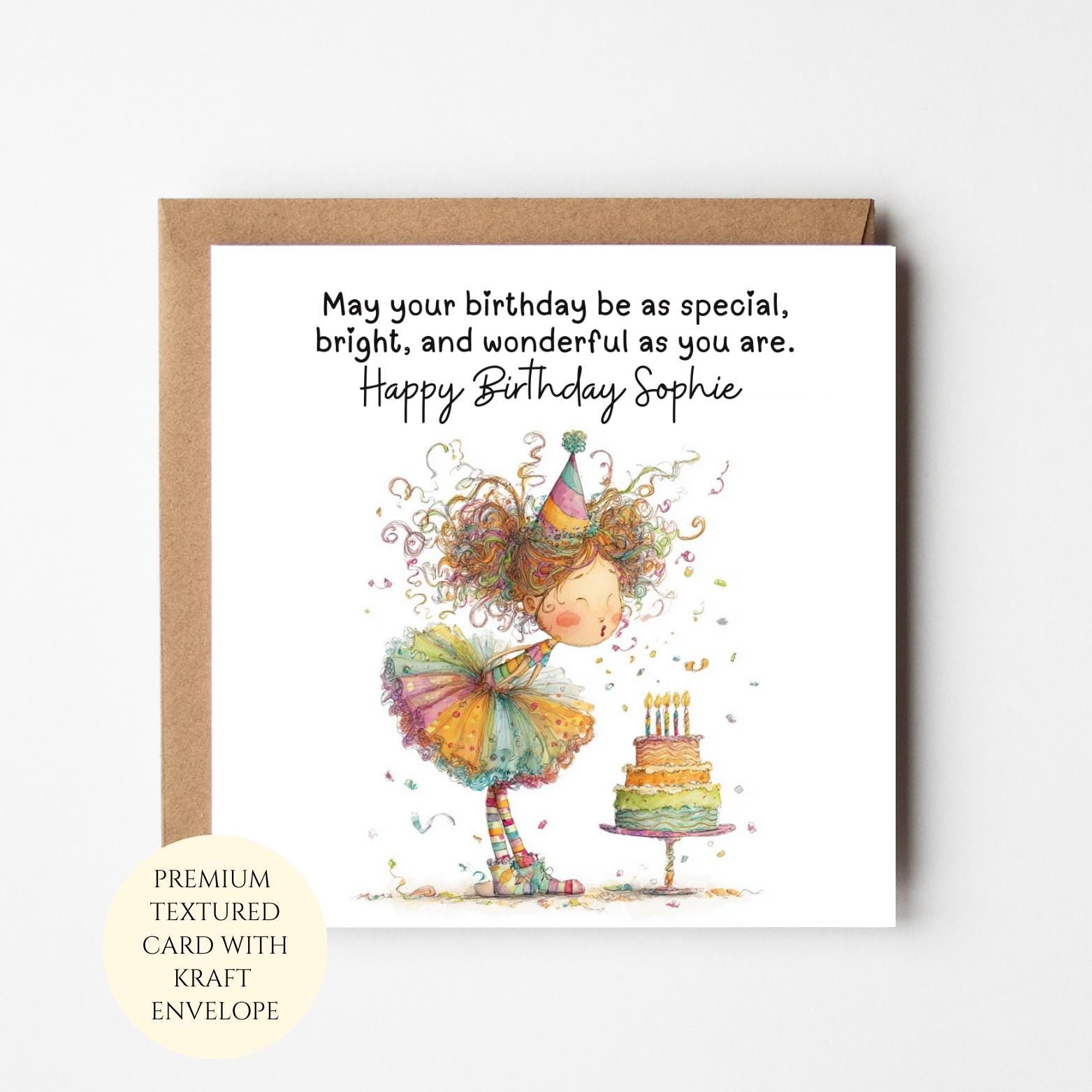 Personalised Birthday Card: Girl, Cake Lover, Daughter – Kraft Envelope Included