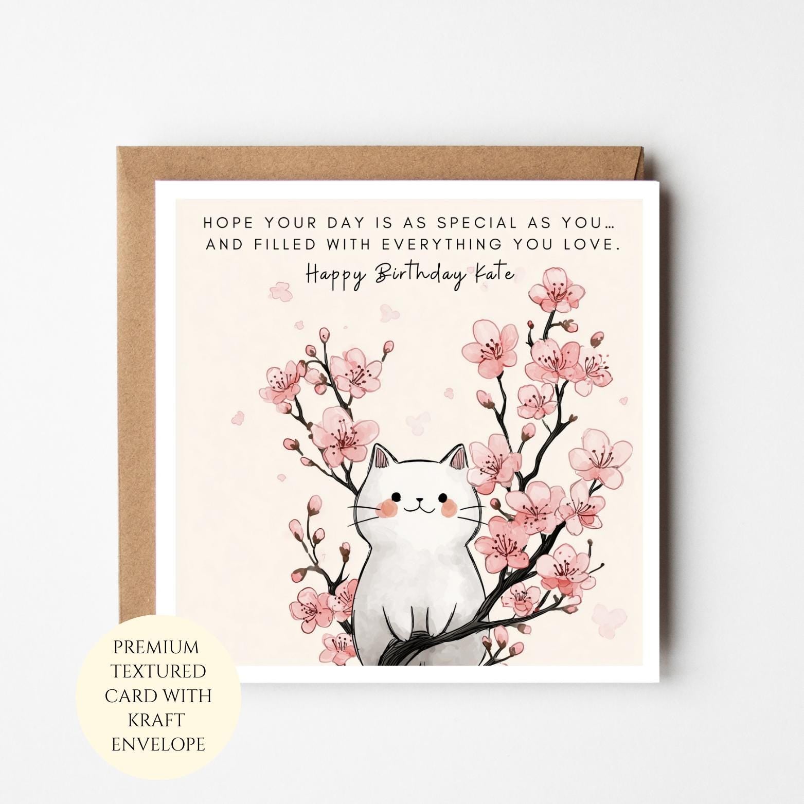 Personalised Cat Birthday Card: Cherry Blossom Kitten Design For Her