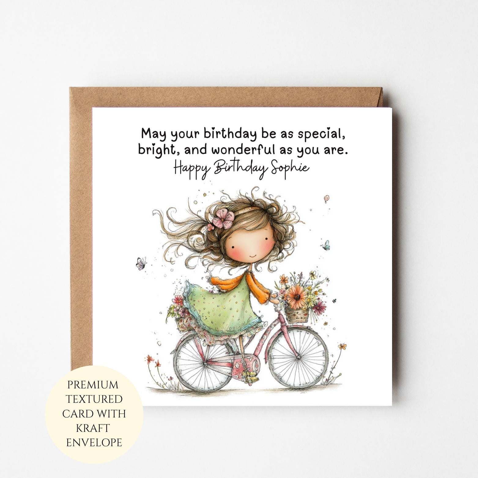 Personalised Girl Bicycle Birthday Card: Whimsical Bike Illustration For Her