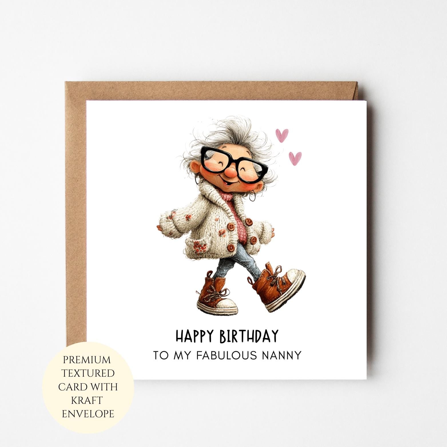 Happy Birthday Card for Nanny: Whimsical Illustration, Cardstock, Kraft Envelope