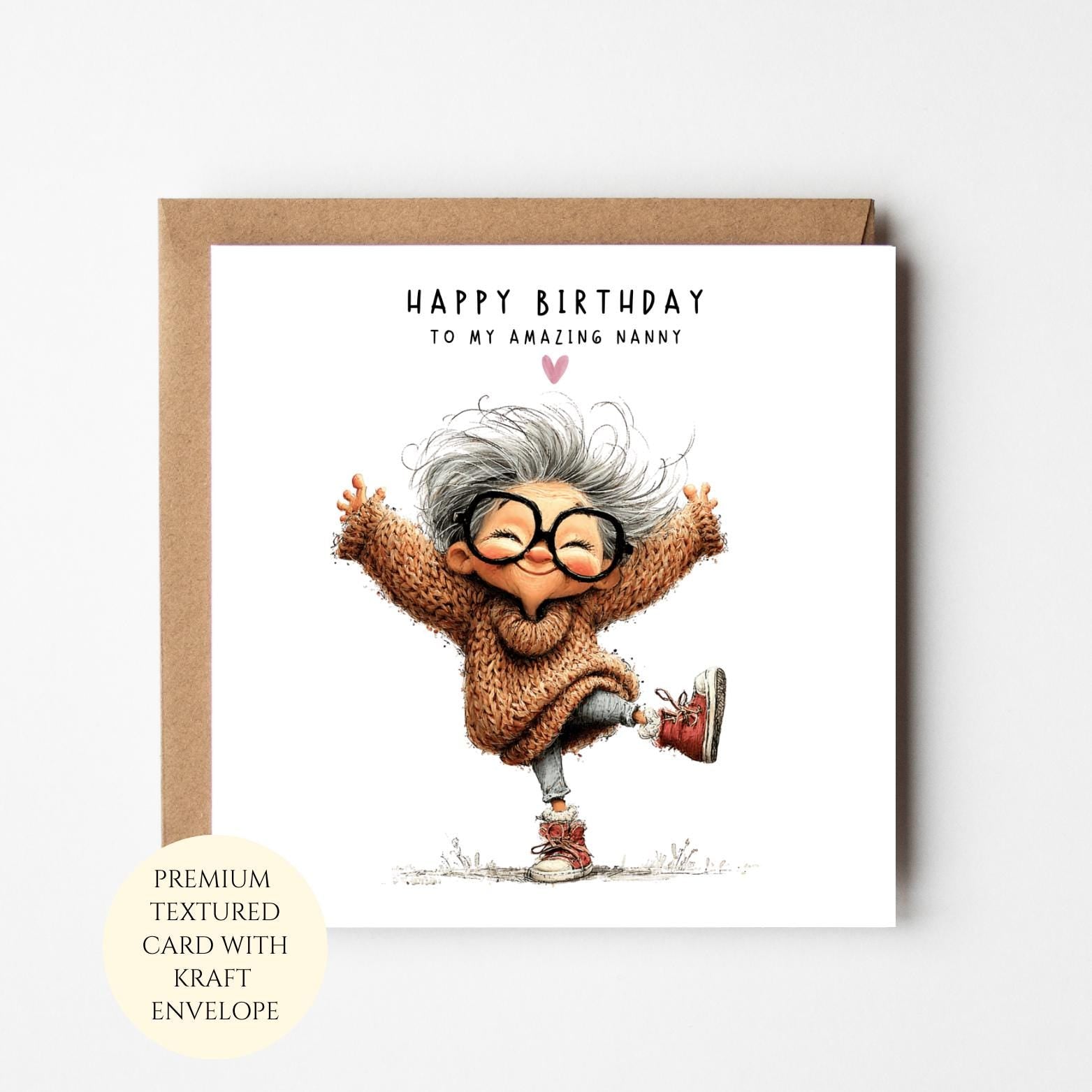 Birthday Card for Nanny from Grandchild – Illustrated Textured Card with Kraft Envelope