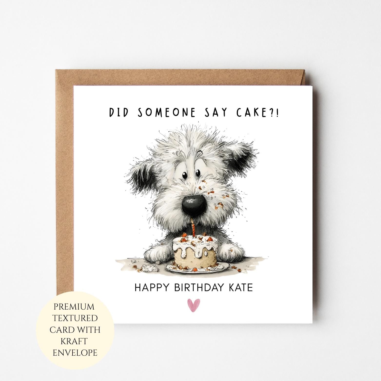 Personalised Dog Birthday Card: Adorable Puppy With Cake For Dog Lover