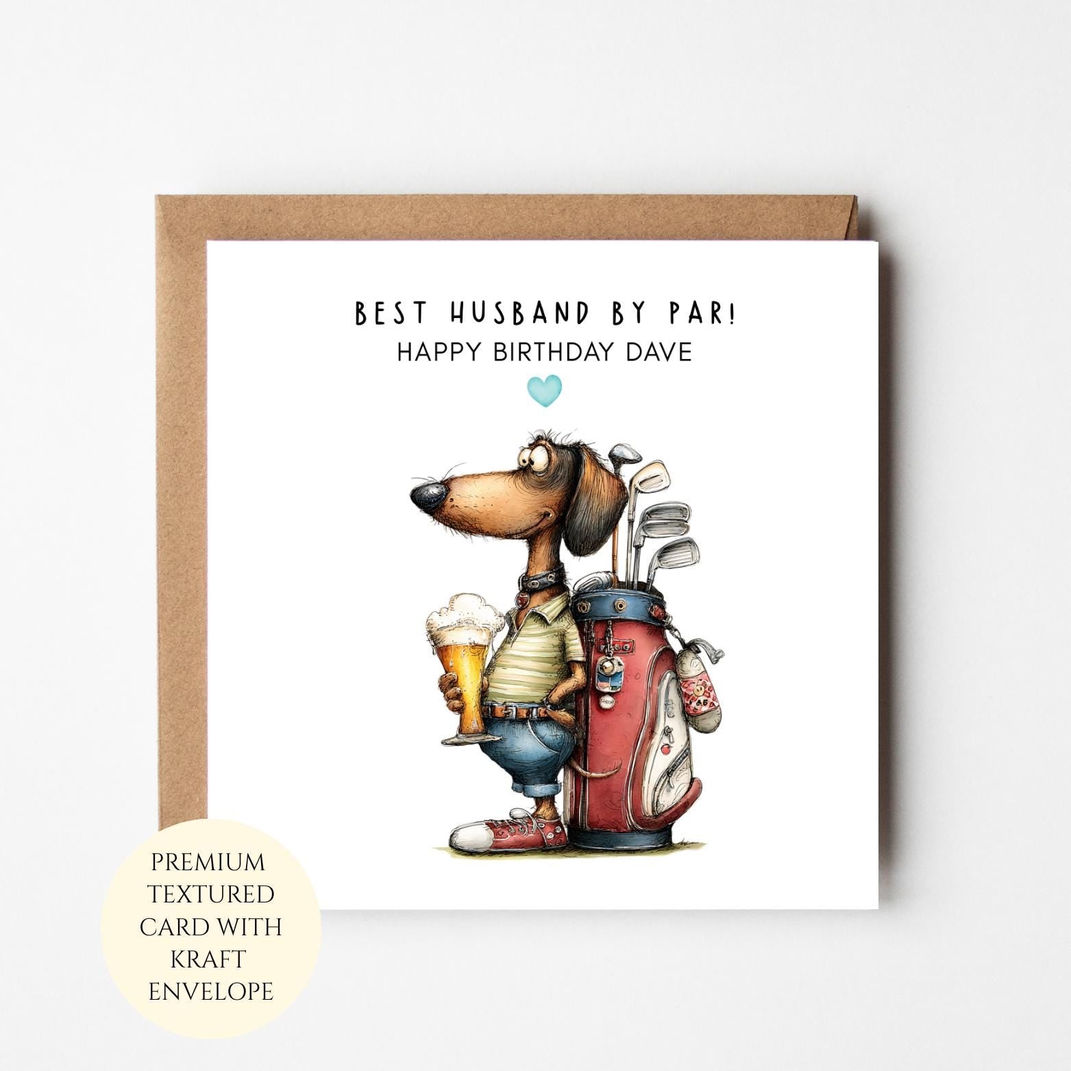 Personalised Husband Birthday Card: Funny Dachshund Golf Dog Him