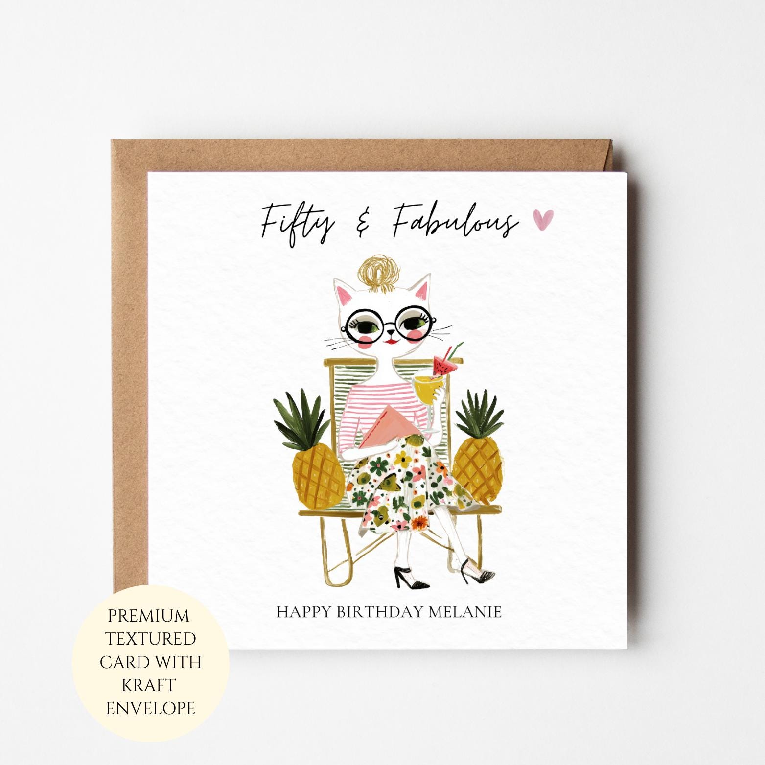 50th Birthday Card for Her, Cat Lover, Fifty and Design