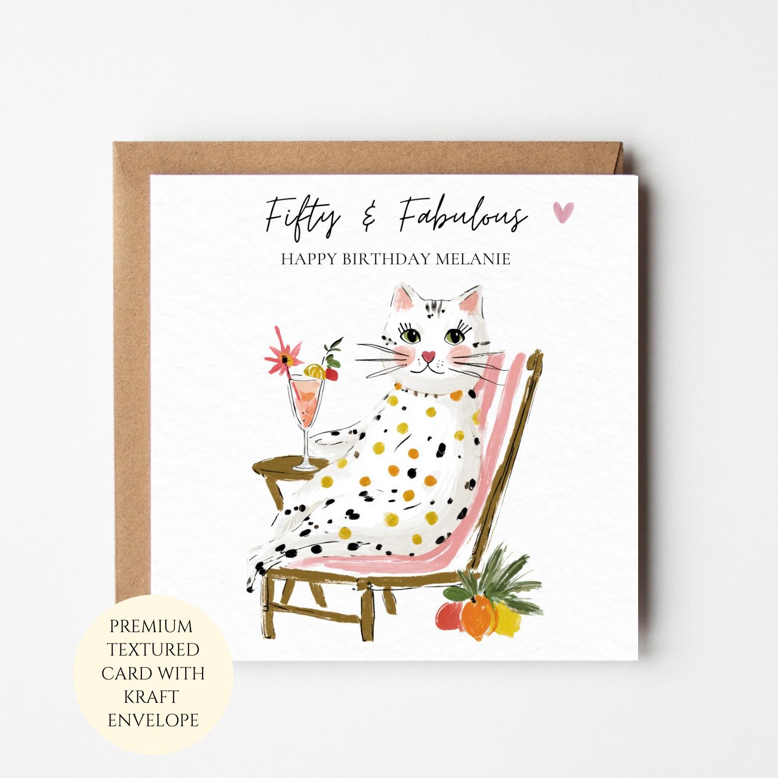 50th Birthday Card for Her, Cat Lover, Fifty and Feline Design