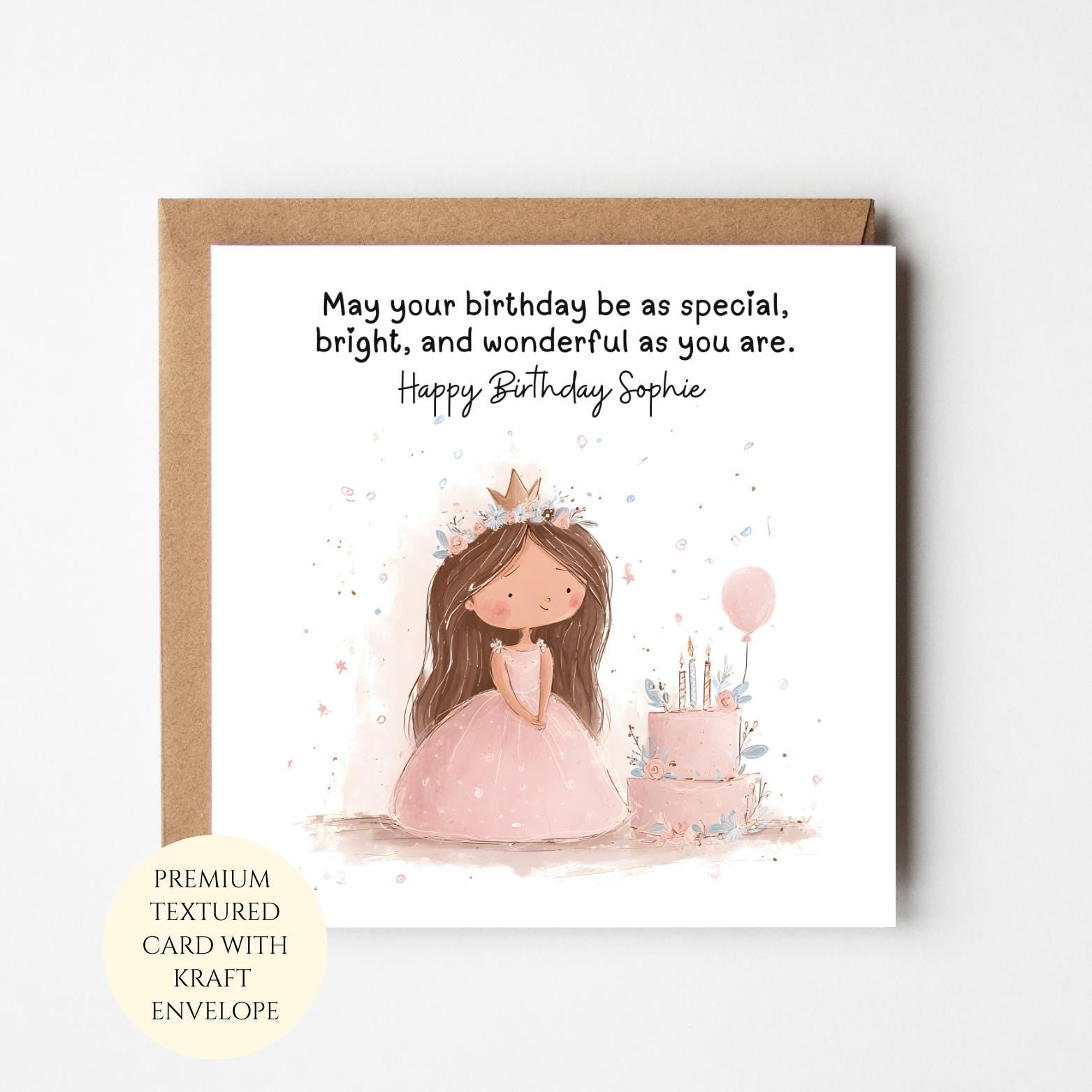 Personalised Princess Birthday Card: Princess with Balloons, Kraft Envelope