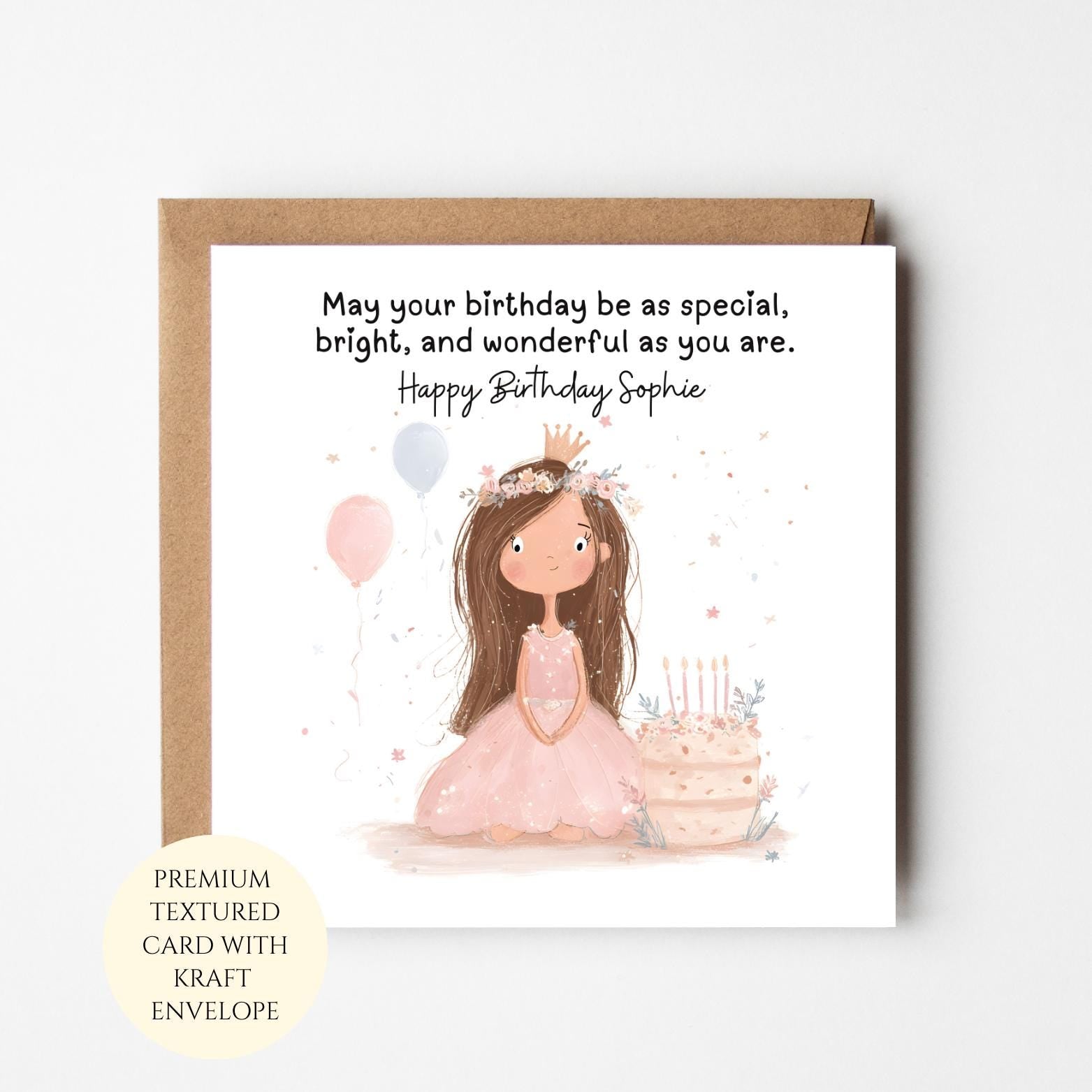Personalised Princess Birthday Card for Girl, Fairy Tale Princess Theme, Kraft Envelope