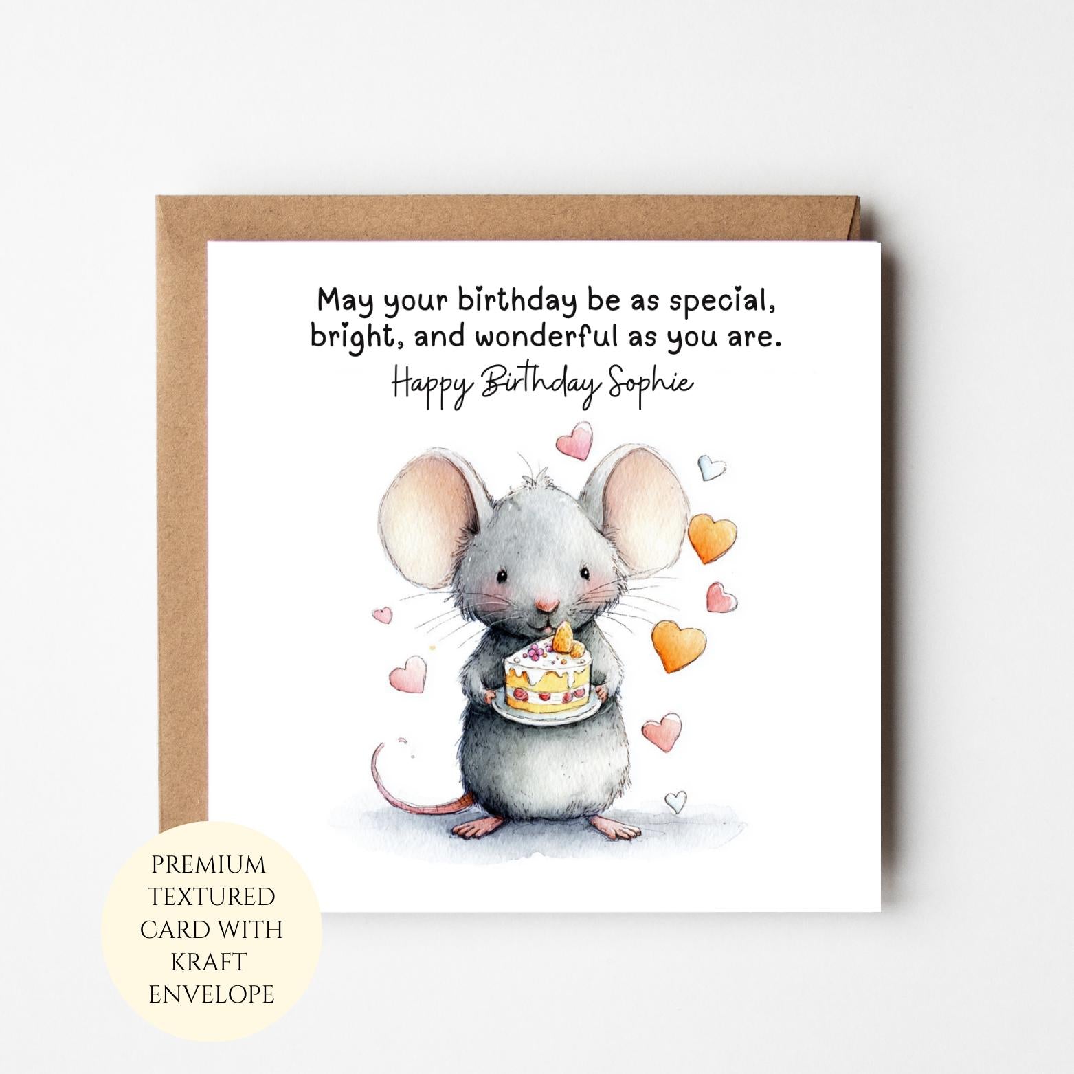 Personalised Mouse Birthday Card with Cake Illustration
