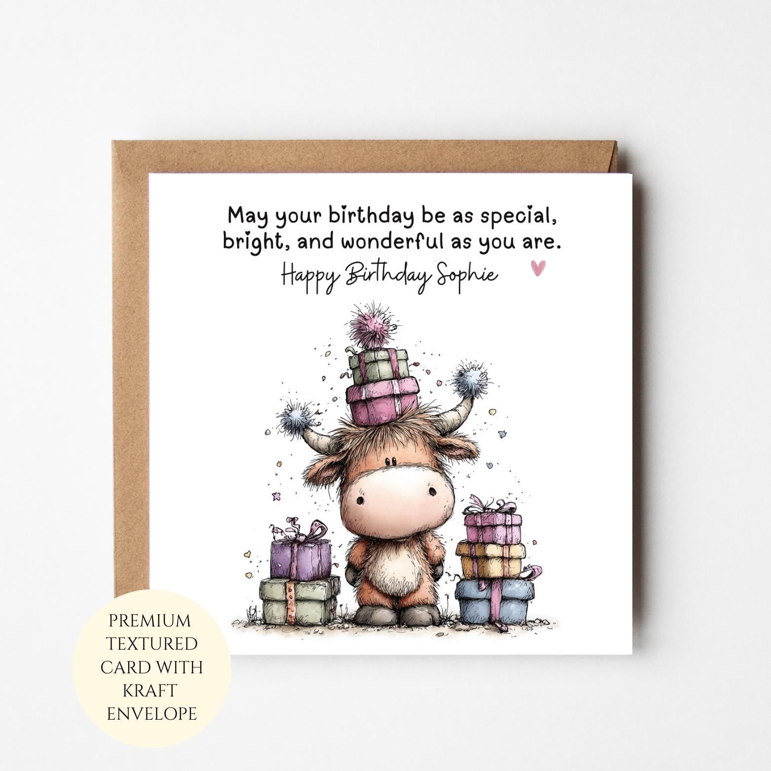 Personalised Highland Cow Birthday Card: Animal Illustration, Gift for Cow Lover