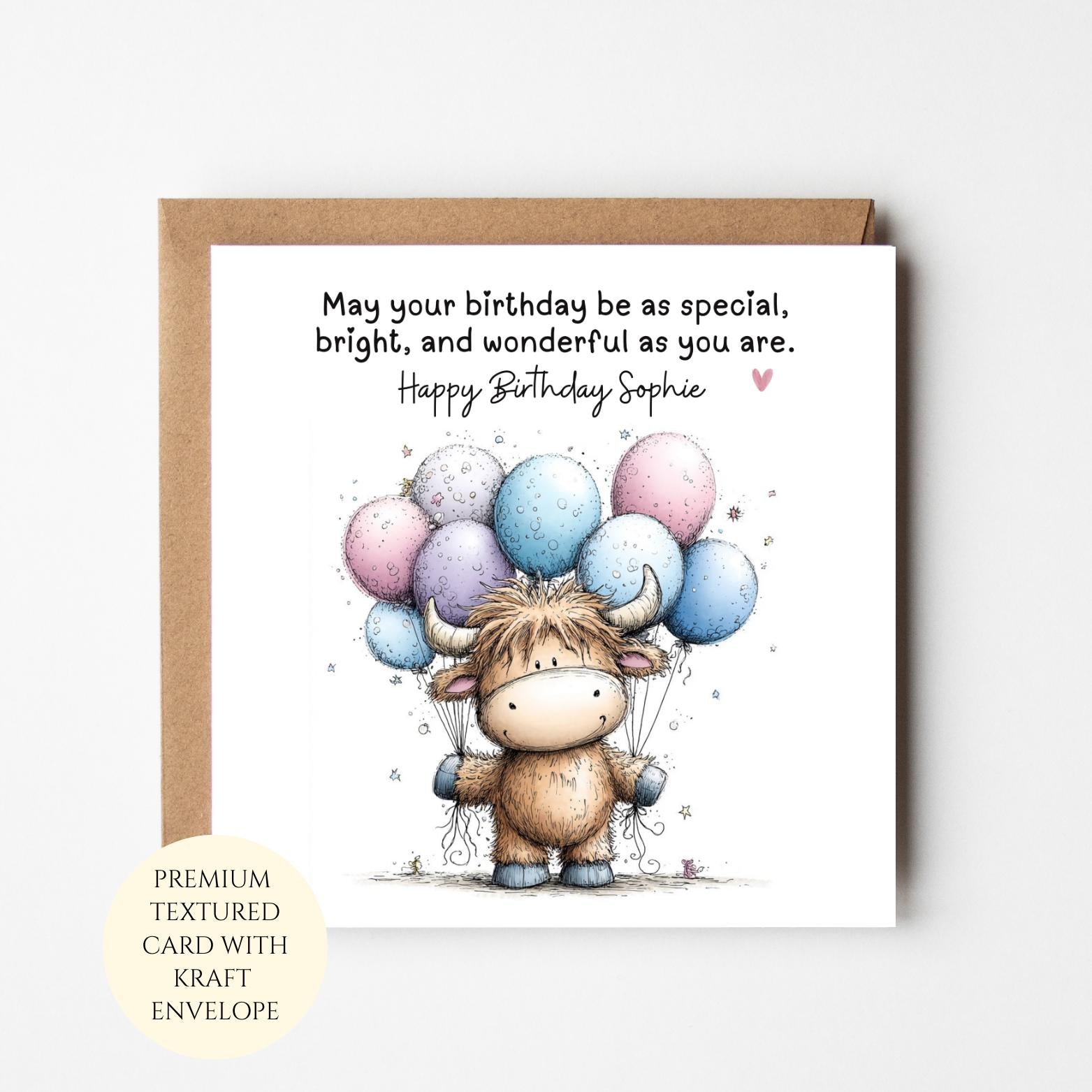 Personalised Highland Cow Birthday Card, Whimsical Party Animal Illustration