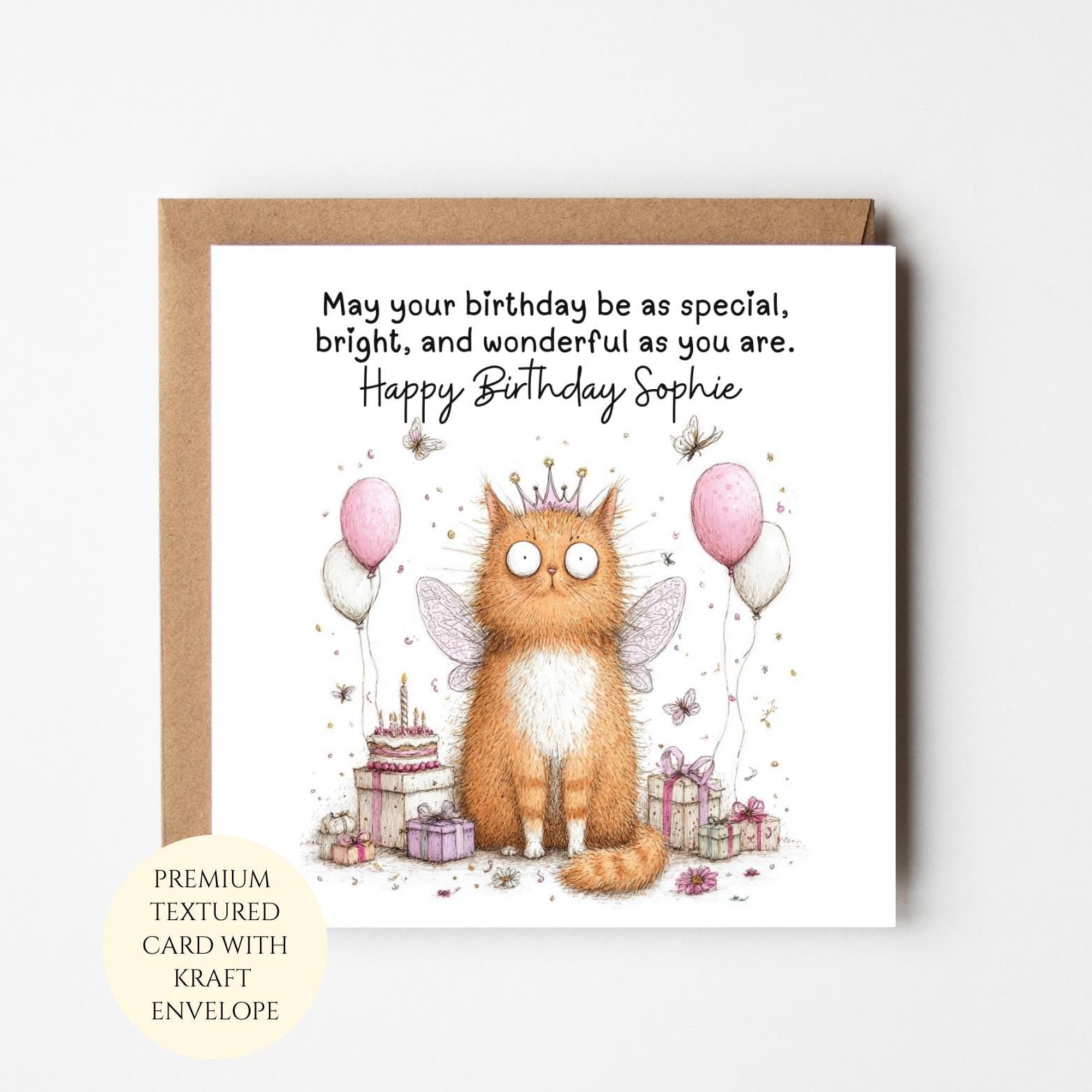 Personalised Cat Princess Birthday Card: Whimsical Cat with Balloons, Customisable Greeting