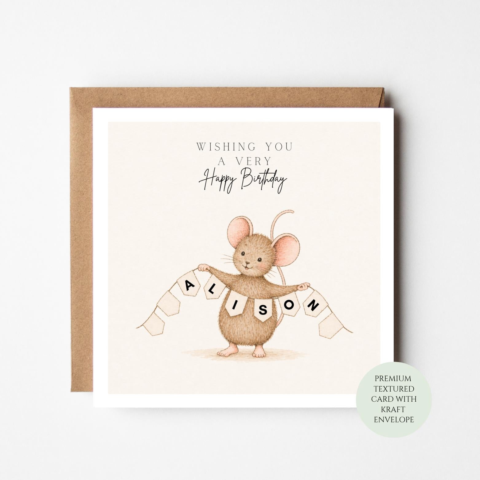Woodland Mouse Birthday Card, Whimsical Animal Illustration, Textured Card (Kraft Envelope)