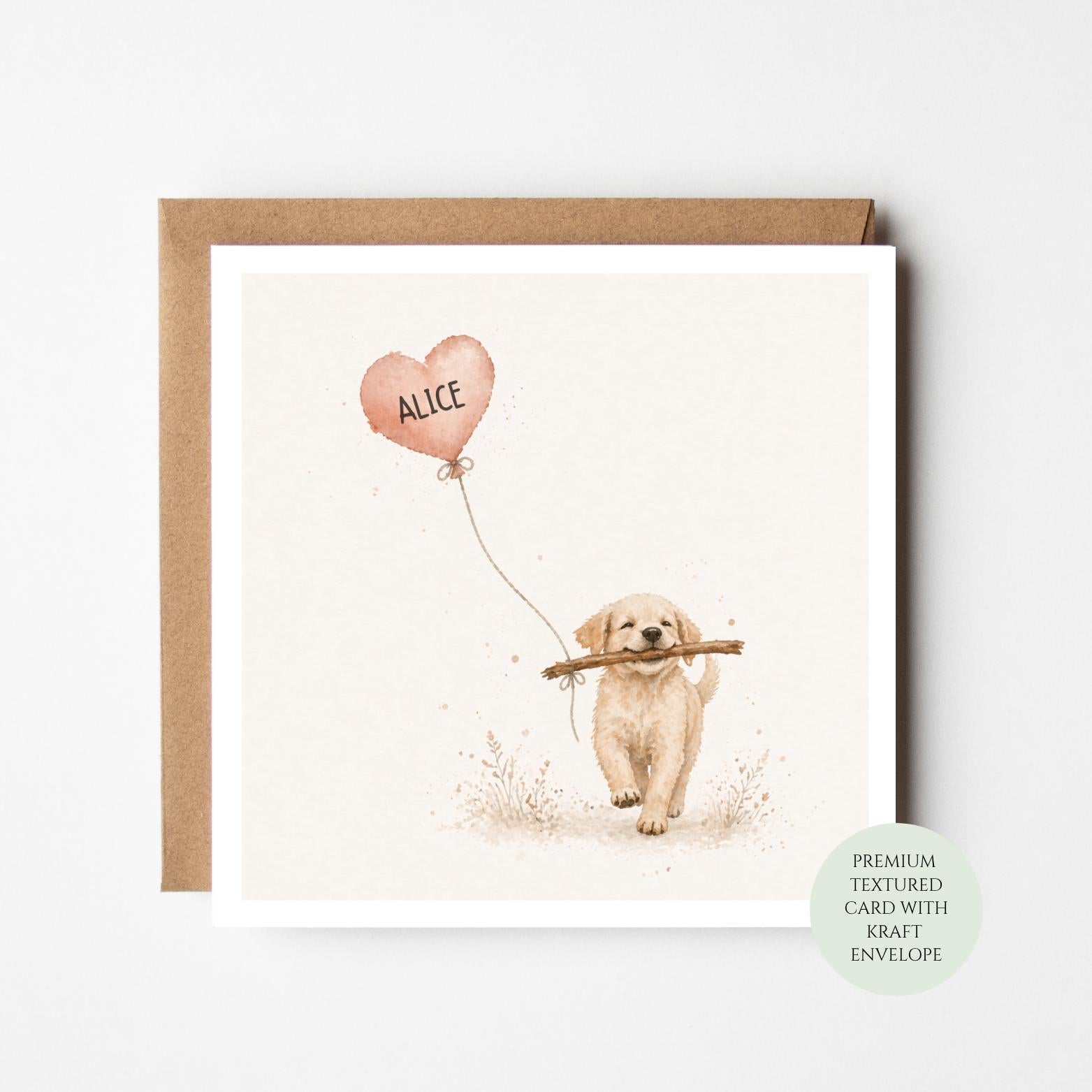 Dog Lover Birthday Card - Puppy Holding Balloon, Textured Paper