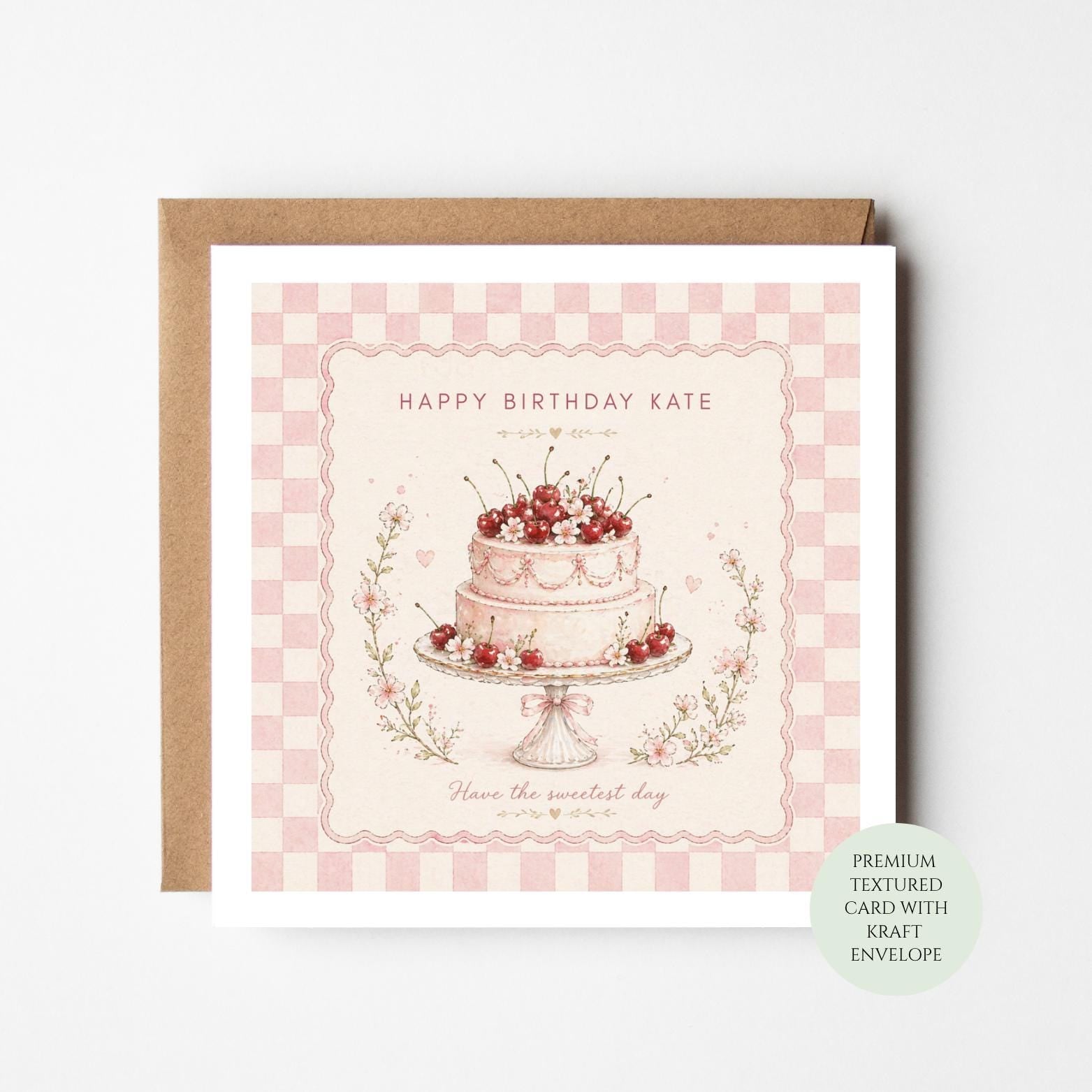 Pink Birthday Cake Card: Textured Paper with Kraft Envelope