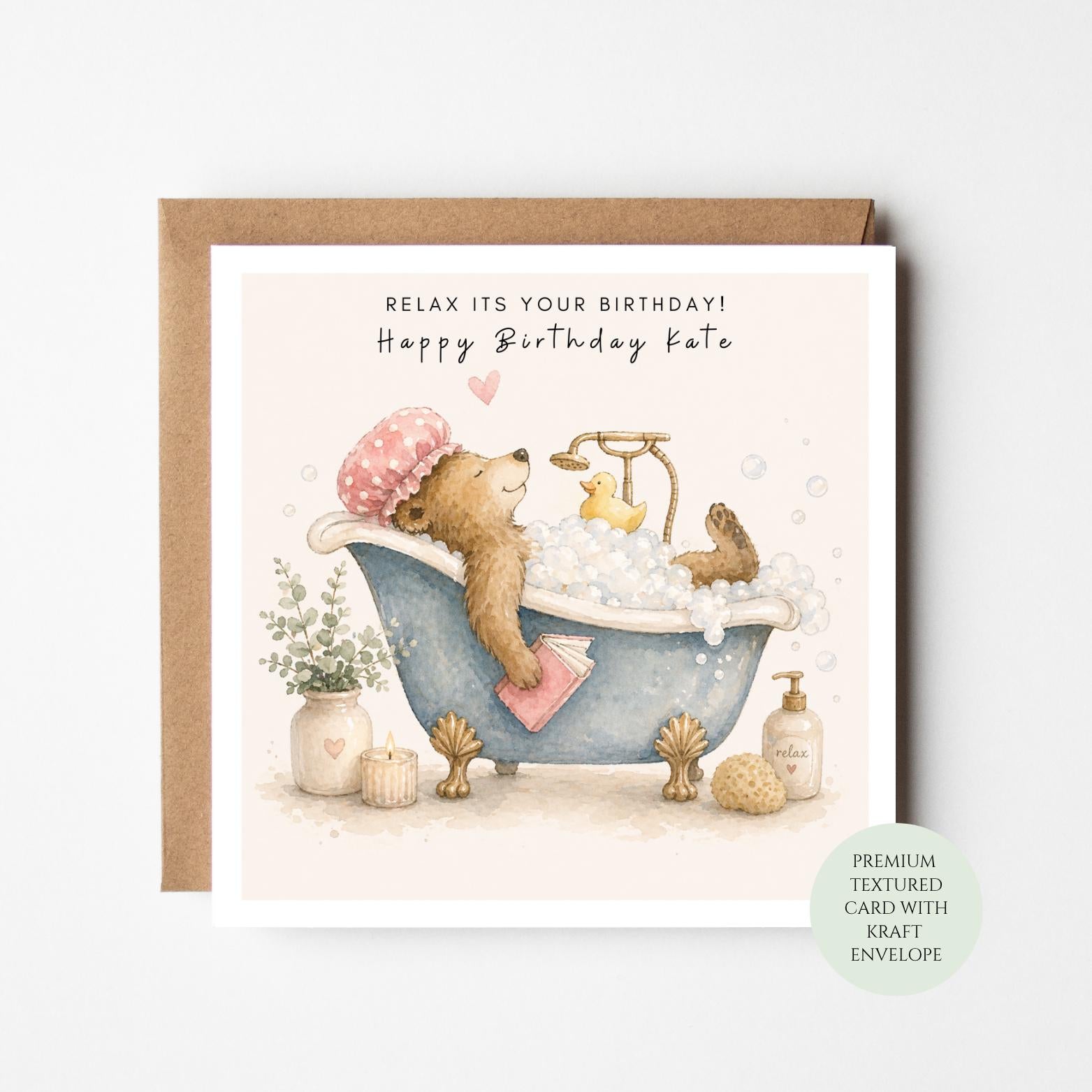 Bear Birthday Card: Relaxing Bath Illustration, Textured Card (Envelope Included)