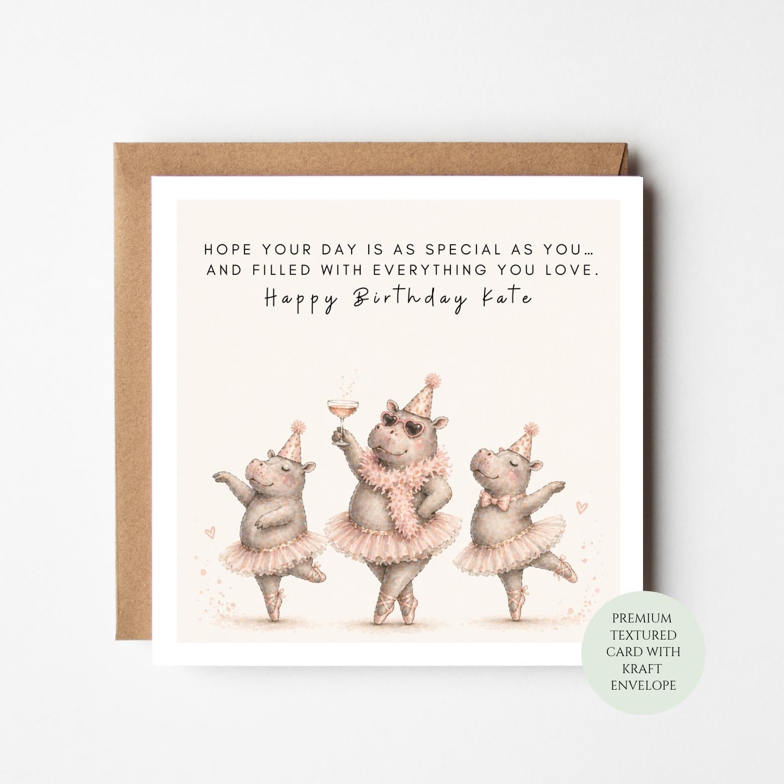 Hippo Birthday Card, Dancing Hippos in Pink Tutus (Includes Envelope)