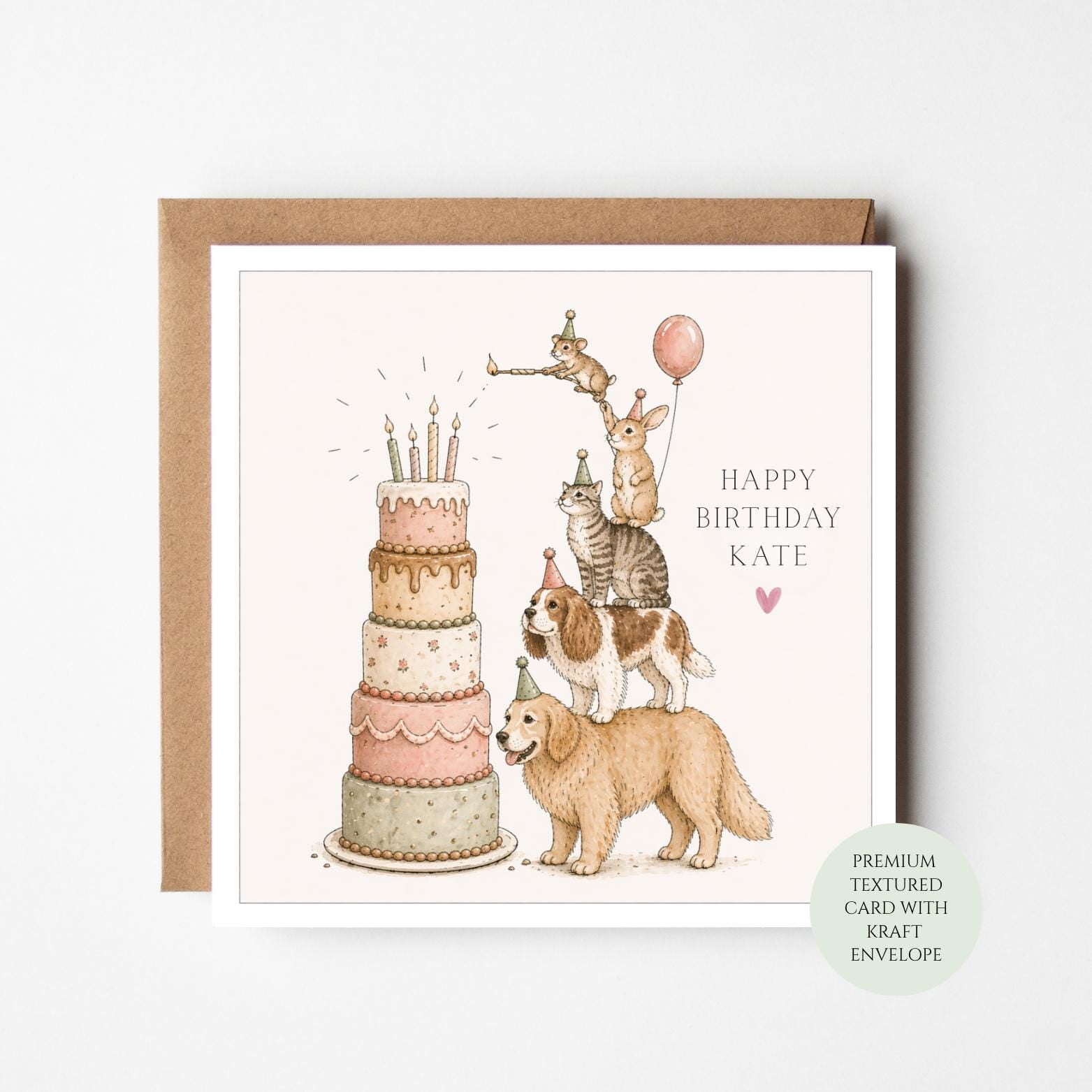 Animal Birthday Card – Whimsical Cake Illustration, Textured Paper, Kraft Envelope