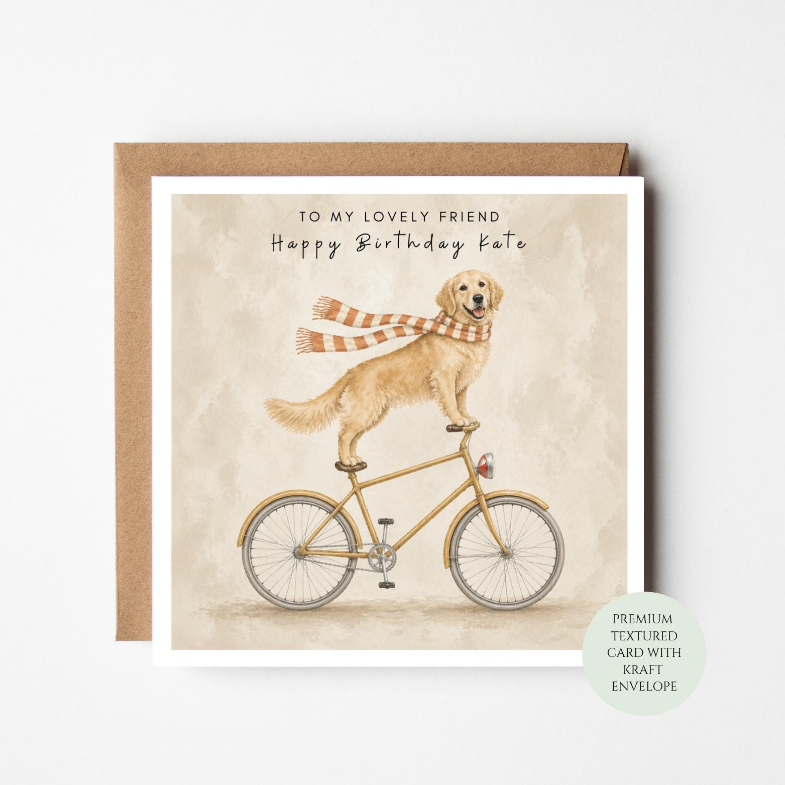 Cat Birthday Card, Bicycle Kitty, Whimsical Friend (Textured Paper)