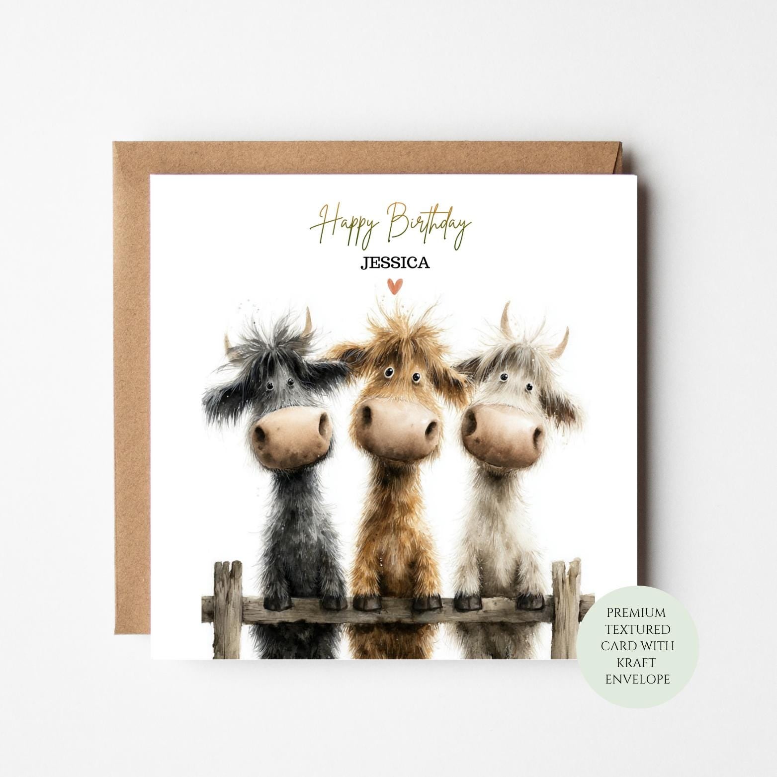 Highland Cow Birthday Card, Textured Farm Animal Greeting (Kraft Envelope)