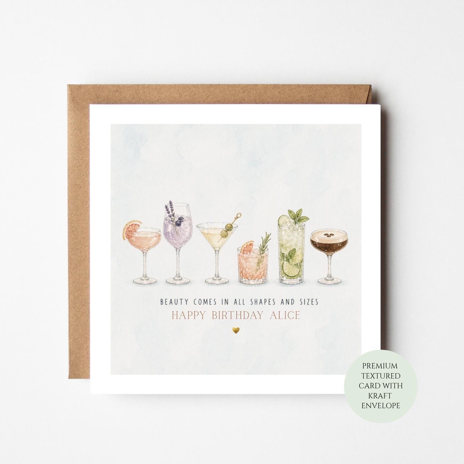 Personalised Cocktail Birthday Card, Gin Martini Drinks Lover For Her (Happy Birthday Alice)