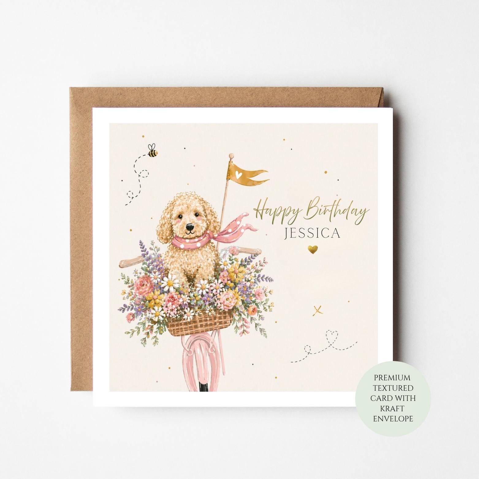 Personalised Cavapoo Birthday Card, Dog Bicycle Illustration, Dog Lover Greeting For Her