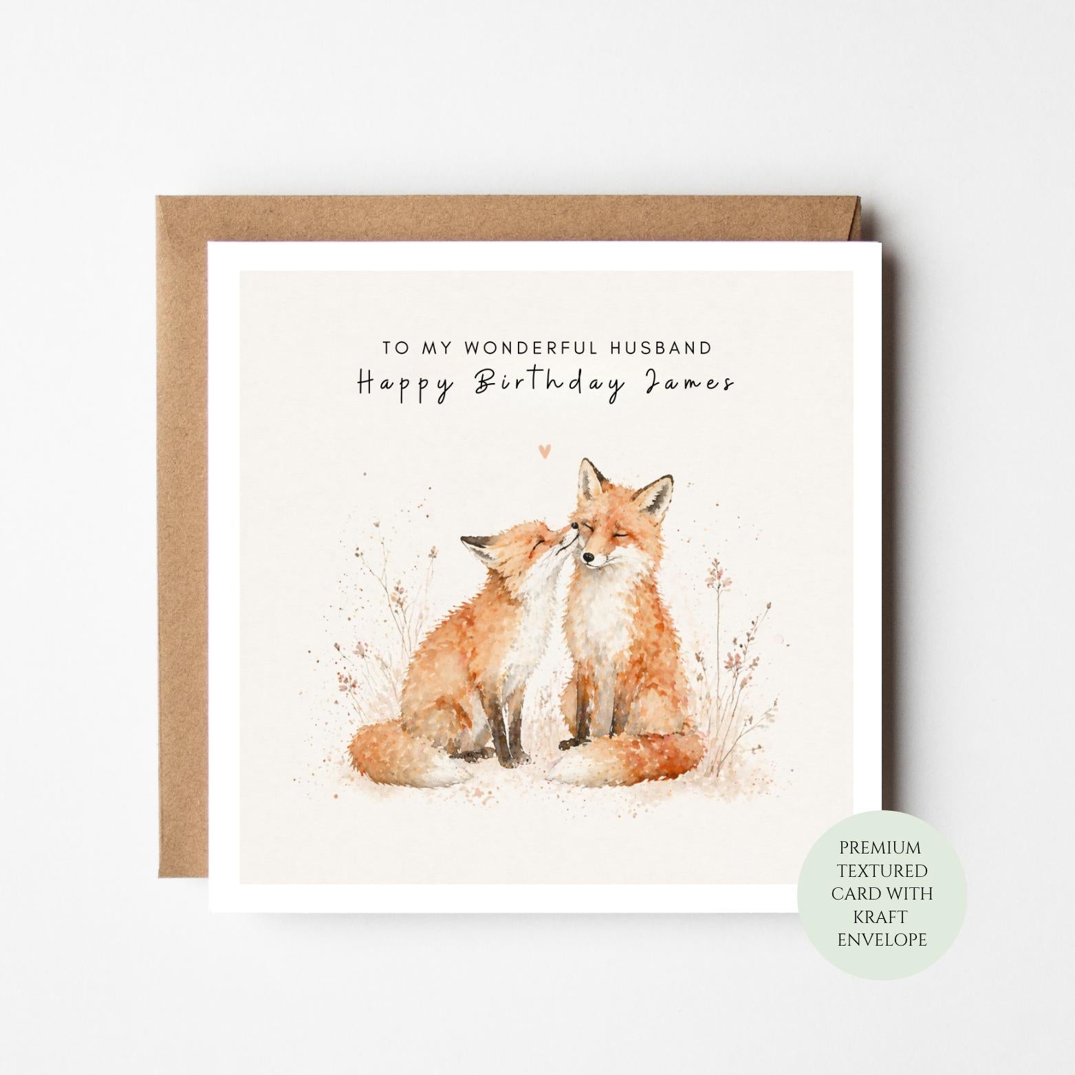 Personalised Fox Couple Birthday Card For Husband, Romantic Animal Illustration