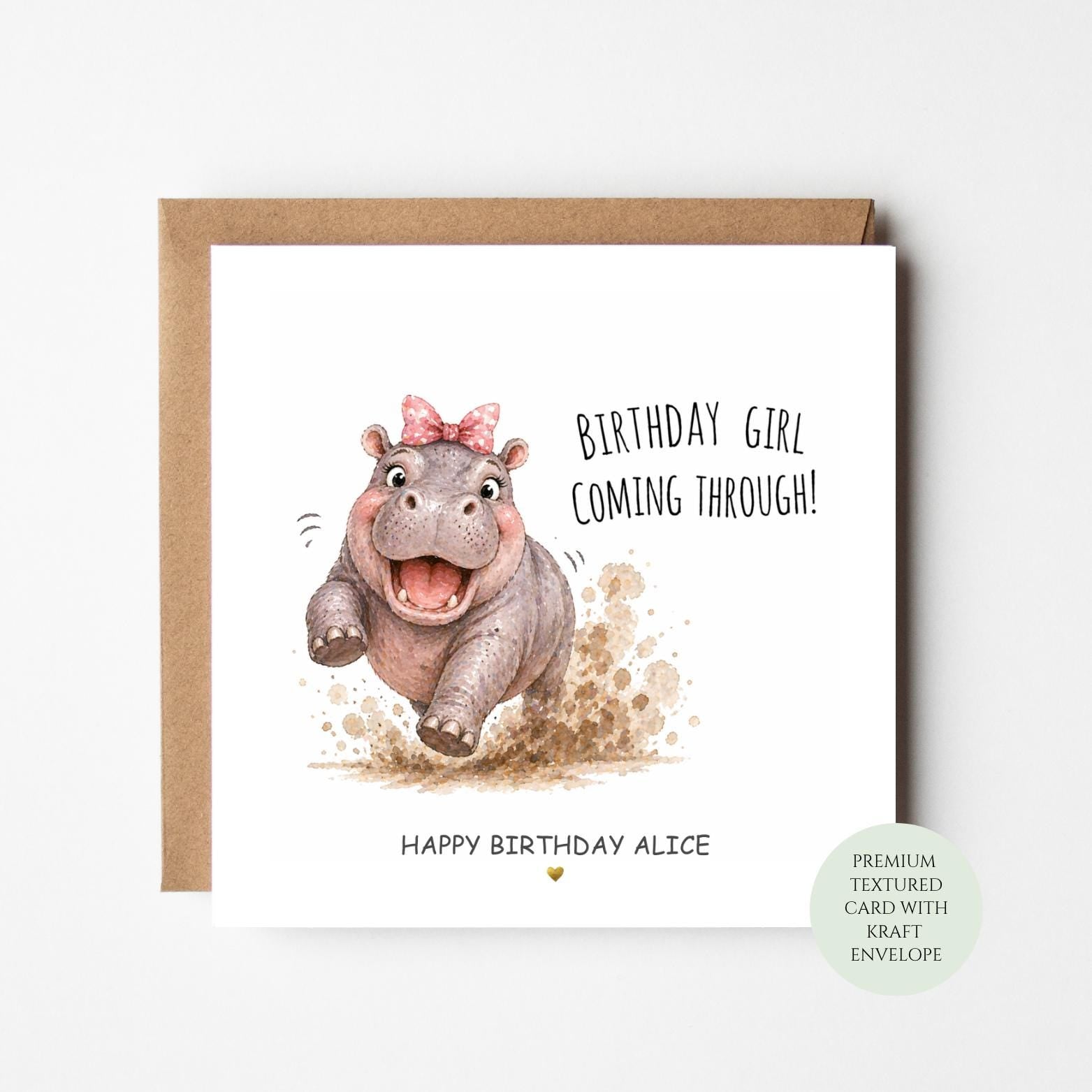 Personalised Hippo Birthday Card, Funny Girl Coming Through Greeting