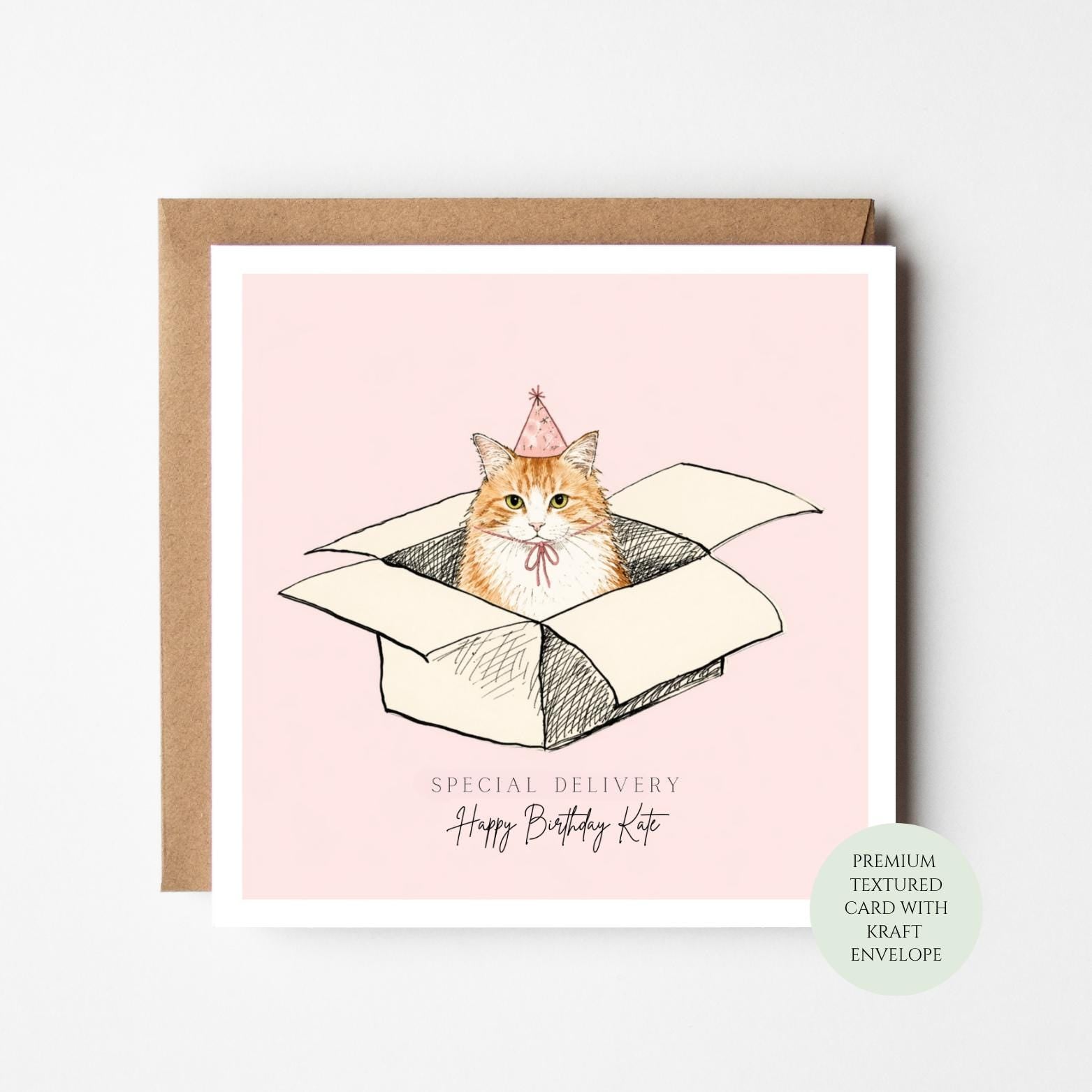 Personalised Birthday Card, Cat in Box Delivery, Cat Lover Gift