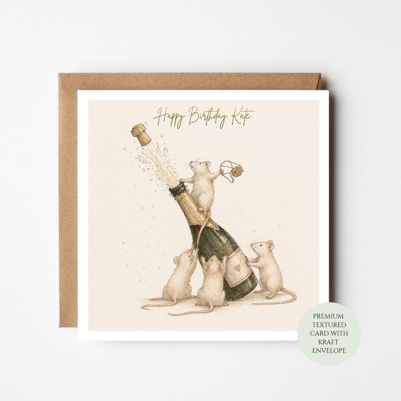 Personalised Mice Champagne Birthday Card, Prosecco Celebration, Whimsical Party For Her