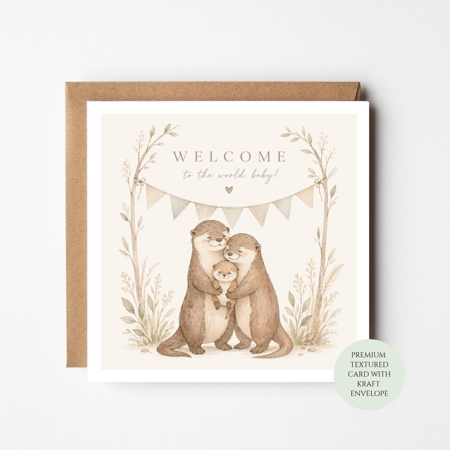 Otter Family Welcome Baby Card, New Parents Baby Shower Gift, Neutral Watercolor Design