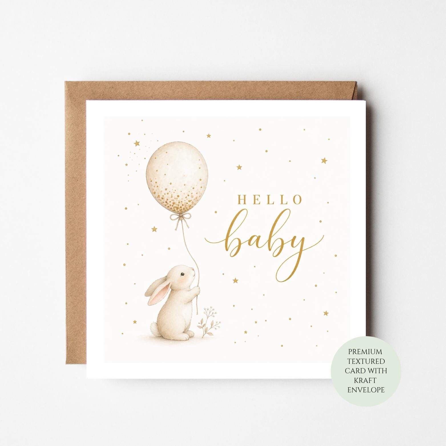 Bunny Balloon Hello Baby Card, Neutral Newborn, Baby Shower Greeting, Keepsake Gift